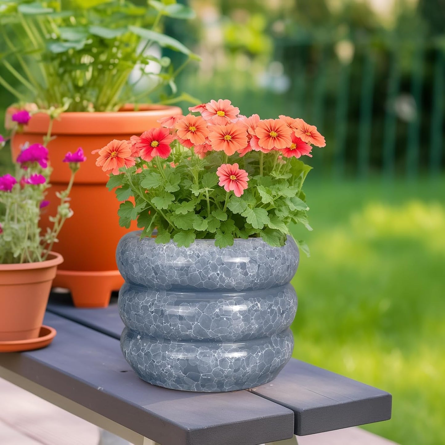 SQOWL Ceramic Planter 8 Inch - Indoor Plant Pot with Drainage Hole Outdoor Planter Round Flower Pot Modern Decorative Plant Pot for Home Office Decor Gray