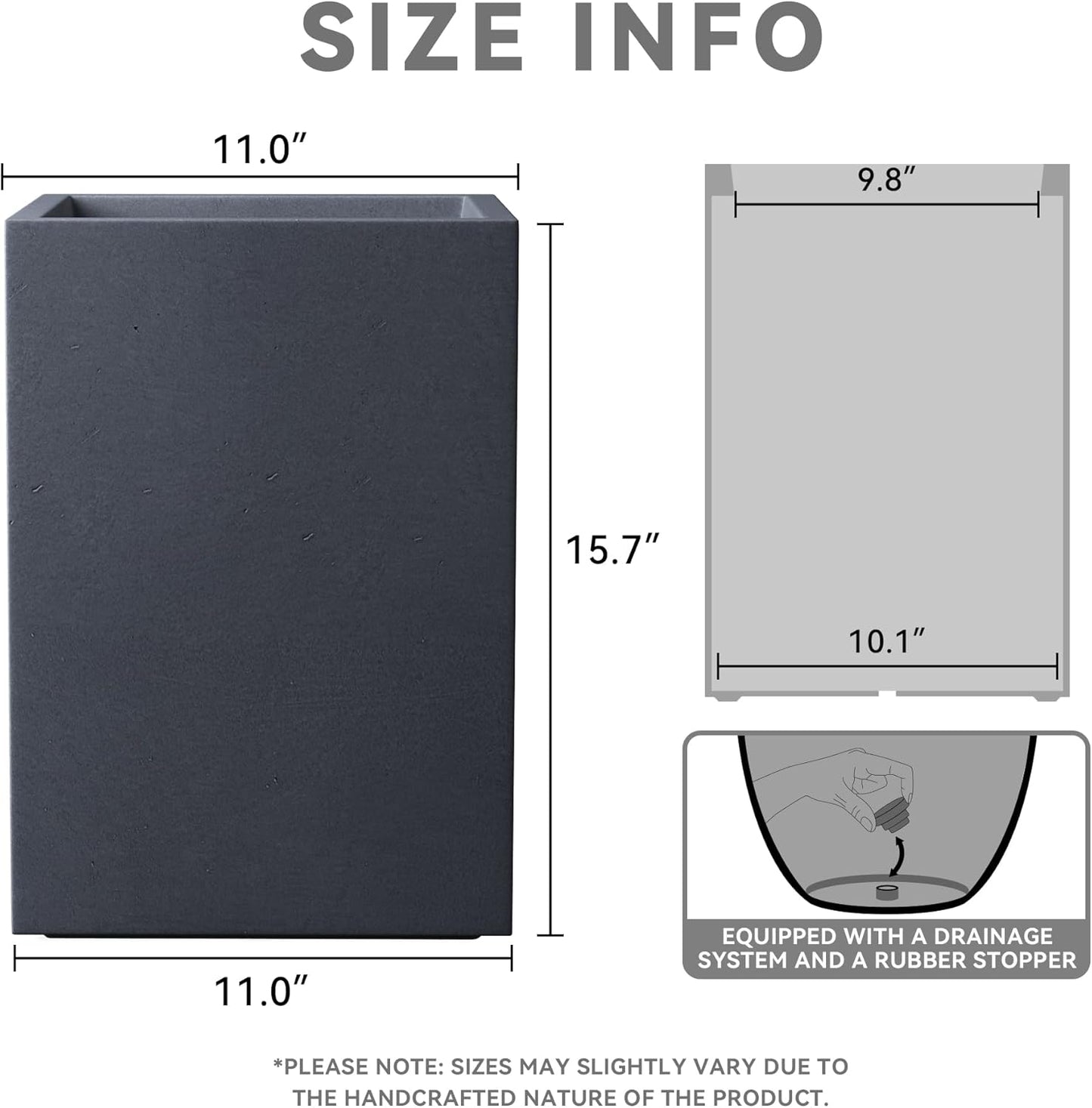 Kante 15.7" H Tall Rectangular Concrete Planters, Outdoor Indoor Lightweight Plant Pots with Drainage Hole and Rubber Plug, Modern Style for Home Garden Patio, Charcoal