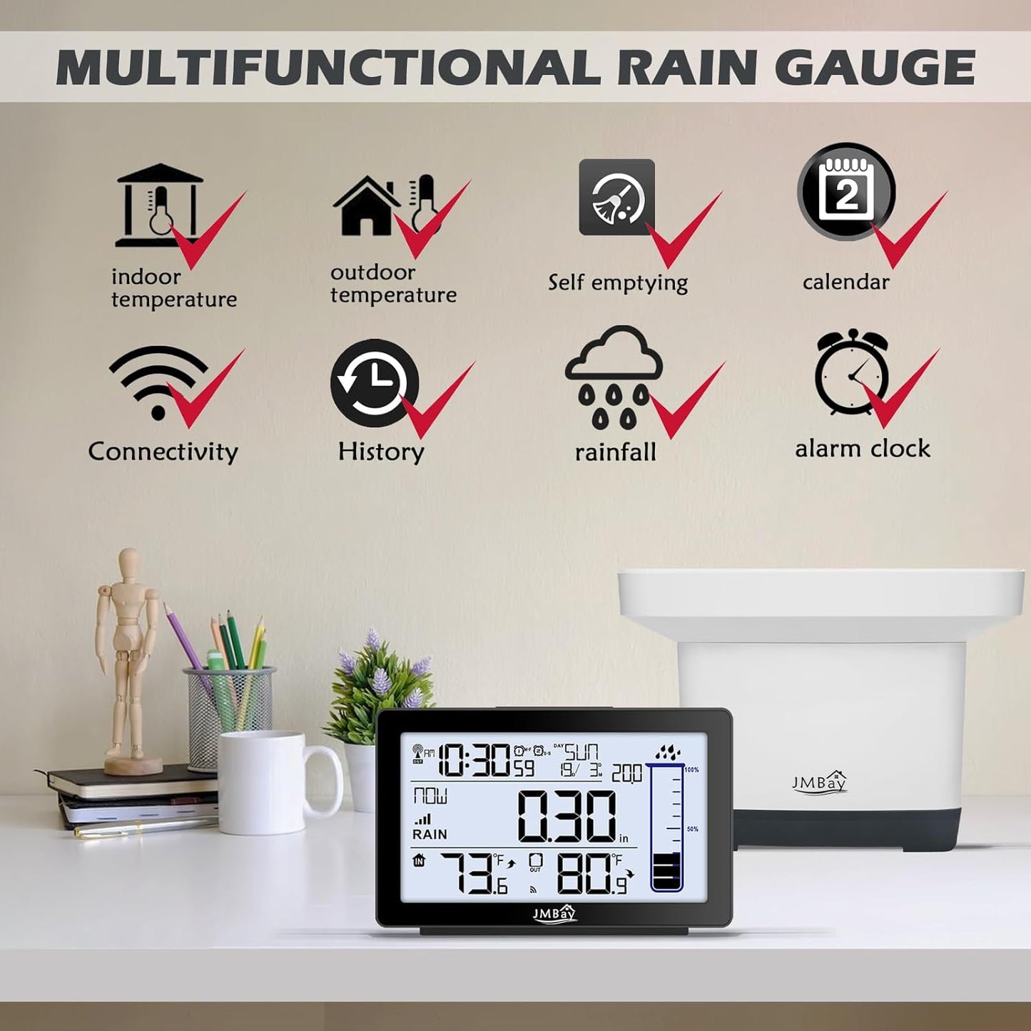 Wireless Rain Gauge Outdoor with Thermometer, High Accurate Digital Rain Gauges Outdoors Best Rated, Electronic Self-Emptying Remote Rain Collector, Freeze Proof Automatic Rain Measure Gauge for Yard