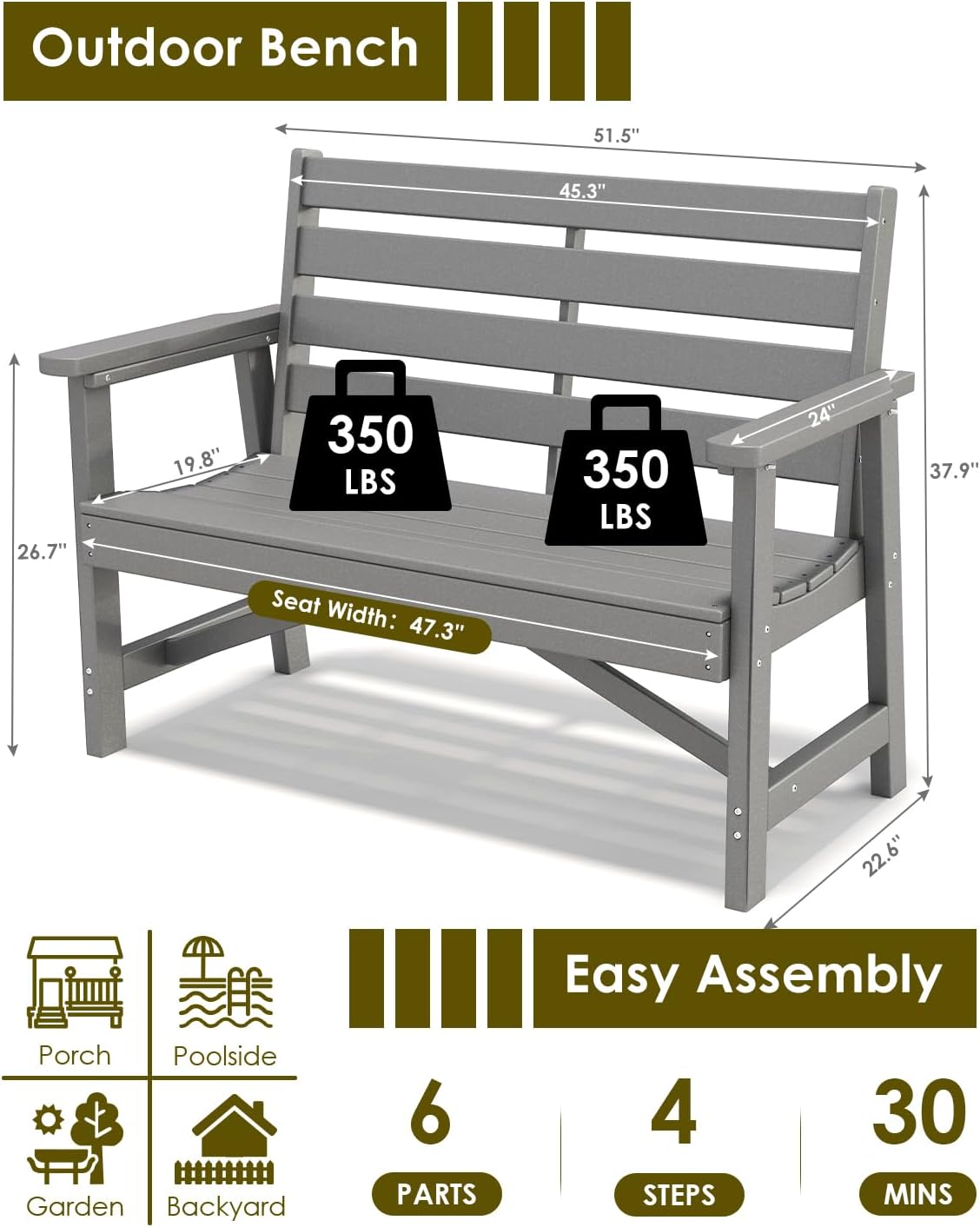 GREENVINES Outdoor Bench | HDPE | Garden Benches | All Weather | for Outdoors Patio Park Porch Outside Backyard | 2-Person | Grey