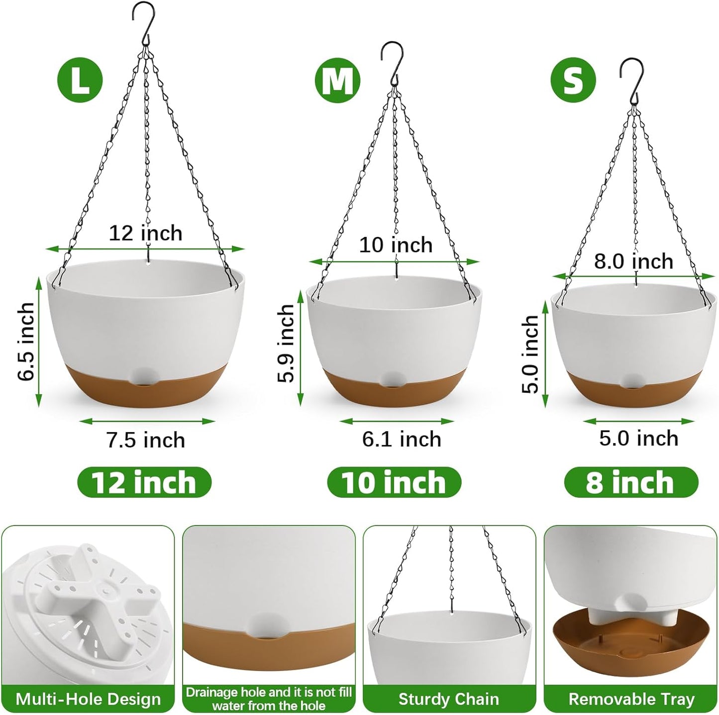12/10/8 Inch Hanging Planter, Hanging Plastic Plant Self Watering Pot with Drainage Holes and Saucers, Hanging Baskets Flower Pots for Indoor Outdoor Garden Plants and Flowers,Set of 3-White