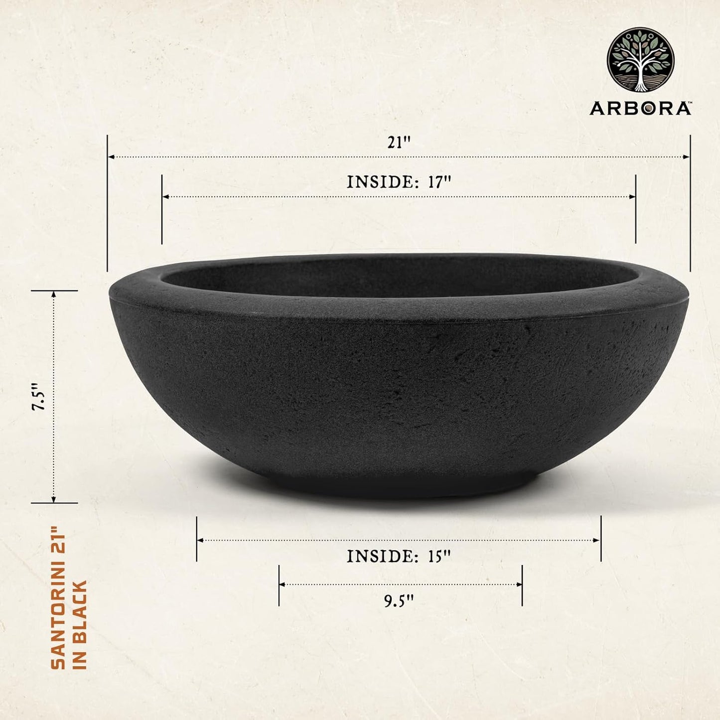 ARBORA 21" and 26” Santorini Bowls with Classic Black Finish - Polyresin Indoor and Outdoor Planters, Durable, Weatherproof, Lightweight, Large Plant Pots for Patio, Garden, Deck