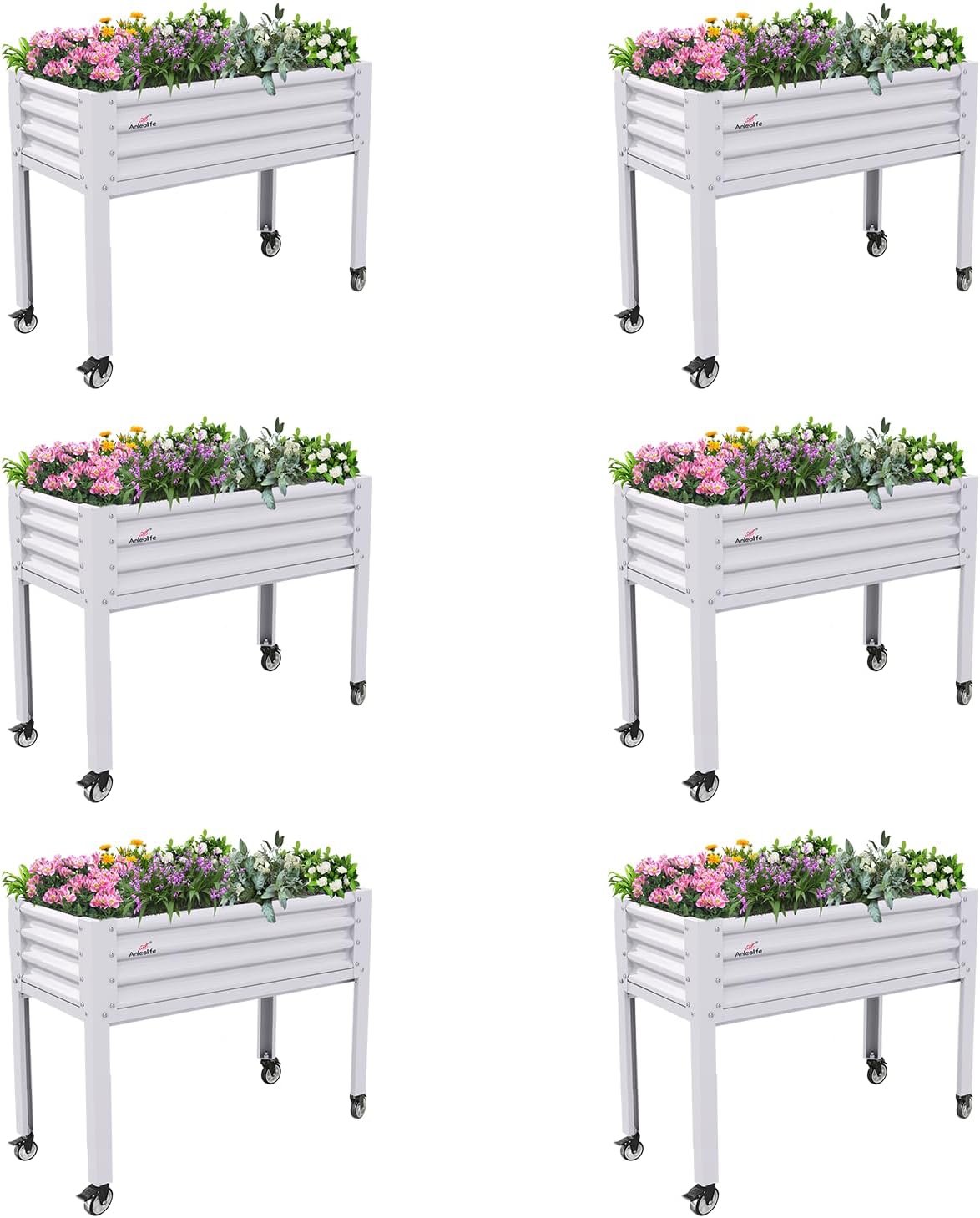 A ANLEOLIFE 6-Set Galvanized Raised Garden Bed with Legs,48x24x35in Large Elevated Planter Box on Wheels with Drainage Holes for Backyard, Balcony, Patio, 600lb Capacity, Antique White