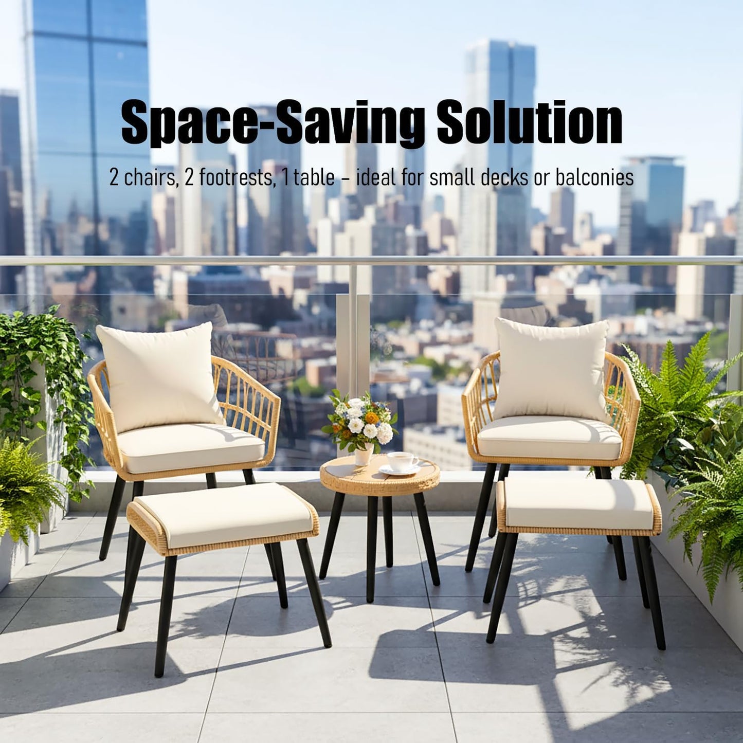 5 Piece Outdoor Bistro Set, Waterproof Patio Furniture Conversation Set, Patio Table and Chairs with Foot Rest, Small Outdoor Wicker Chairs for Porch, Backyard, Deck, Balcony