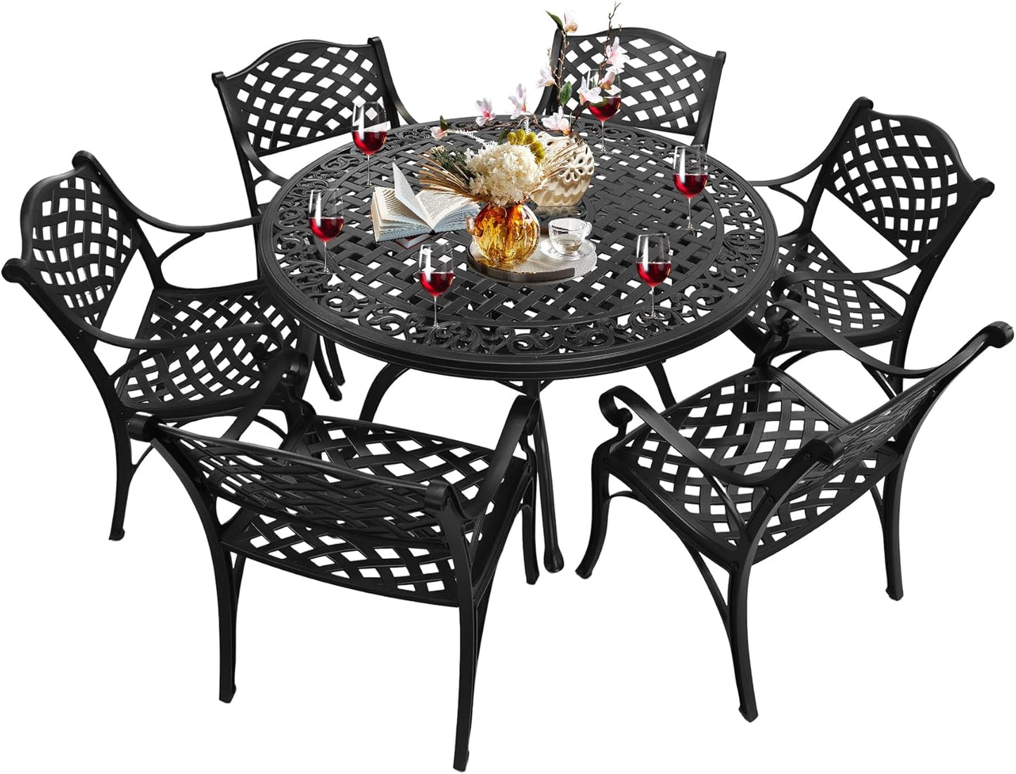 7 Pieces Cast Aluminium Patio Dining Set for 6 Person,Round 48" Patio Table and 6 Chair with 2.3" Umbrella Hole,Outdoor Patio Dining Set for Porch Backyard Deck, Black