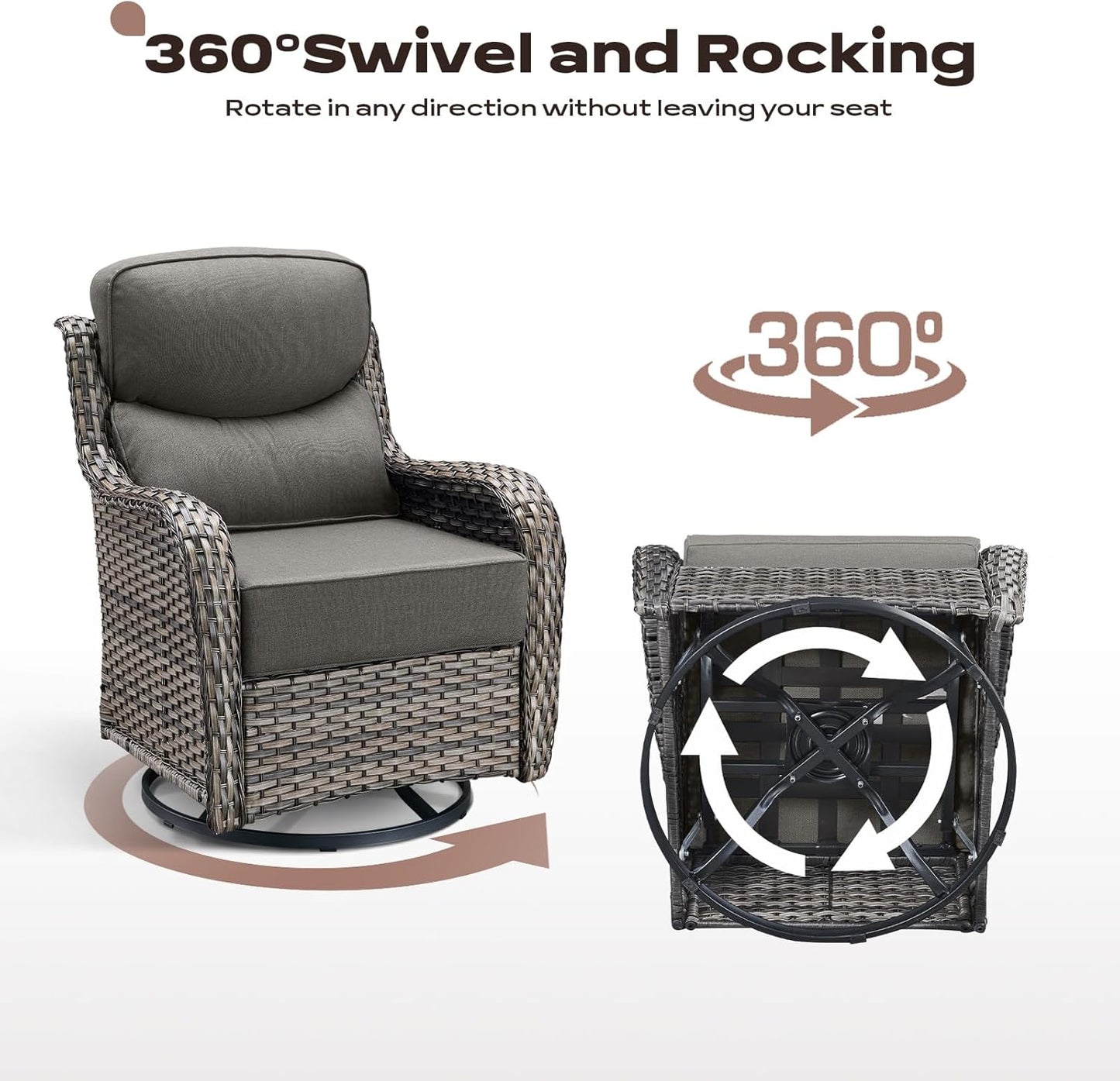 Wicker Outdoor Patio Furniture Set - 8 Piece Patio Conversation Sets with Swivel Rocker Chairs, Ottomans, Sofa and Coffee Table, 6 inch Cushions, Deep Seating, for Porch Deck Mixed Grey/Grey