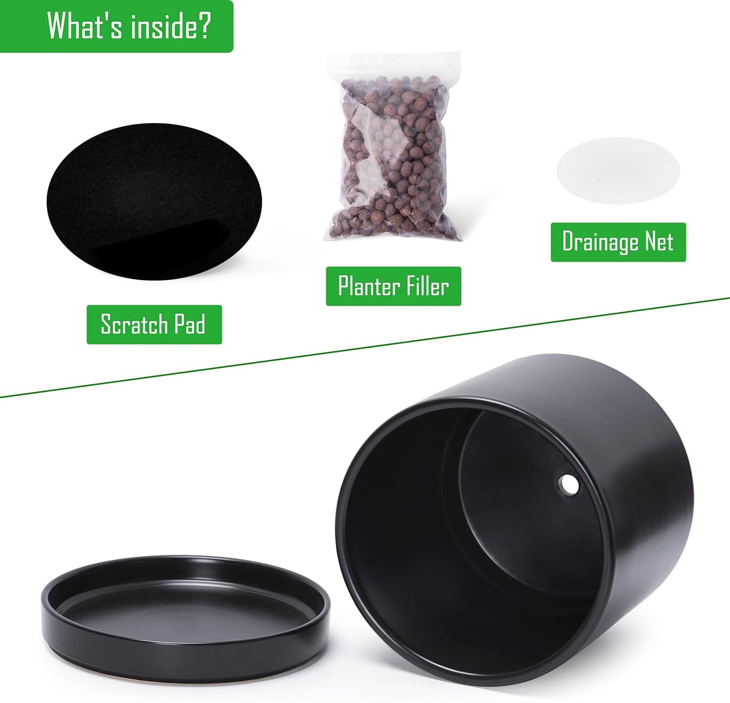 D'vine Dev 8 Inch & 10 Inch Ceramic Planter Pot for Plants with Drainage Hole and Saucer, Large Plant Pots Set, Black, 94-G-L-2