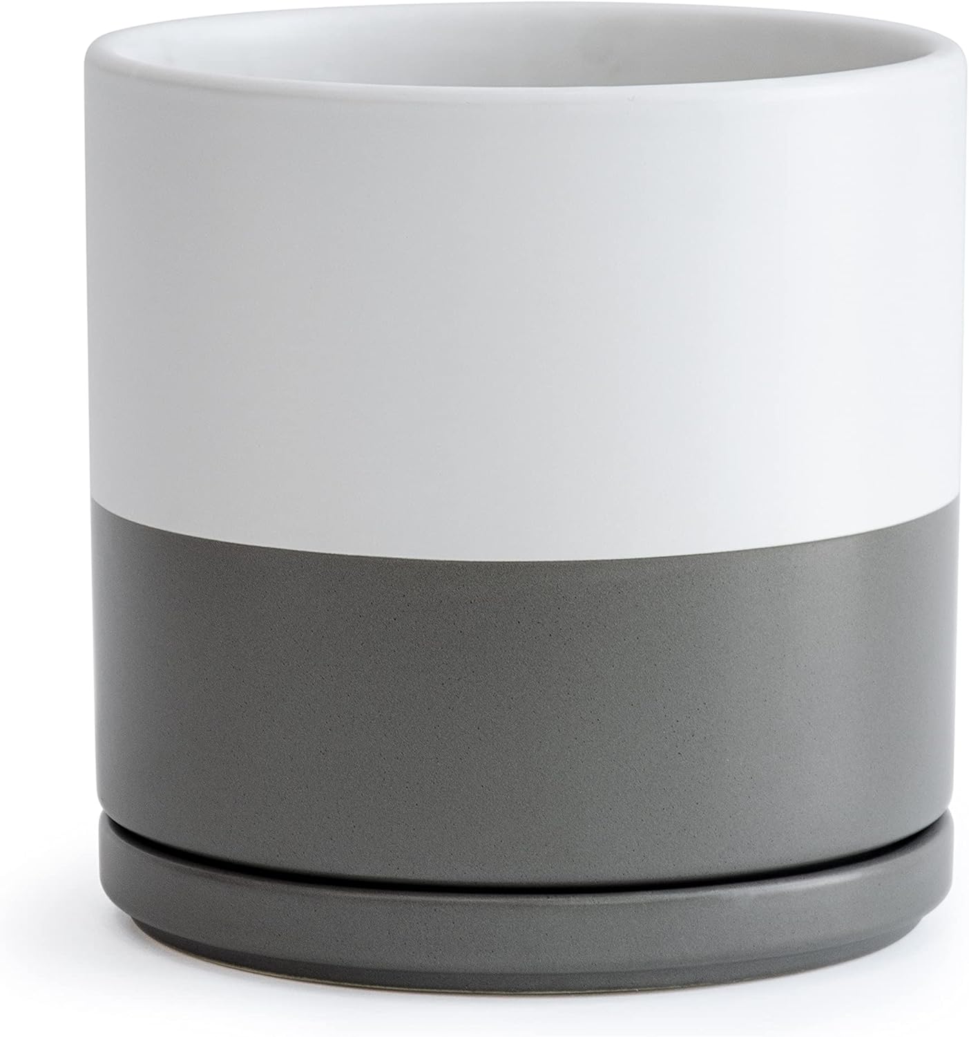 D'vine Dev 8 Inch Ceramic Planter Pot with Drainage Hole and Saucer, Indoor Cylinder Round Planter Pot, White/Speckled Grey, 94-O-D-6