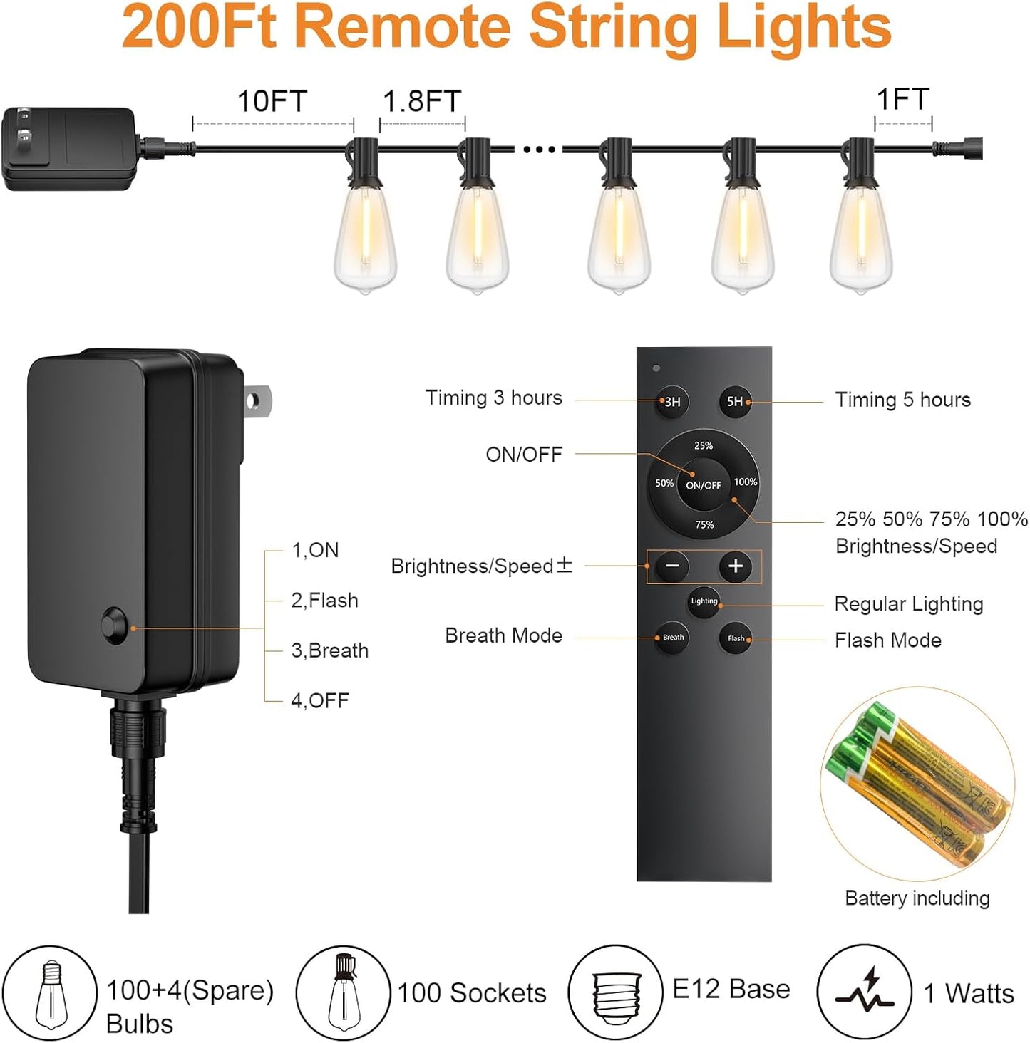 200FT Outdoor String Lights with Remote, Garden Patio Decor with 2500K Warm White, 100+4 LED Edison Bulbs, Support Timer Dimmable Waterproof for Yard Outside Porch Deck Backyard