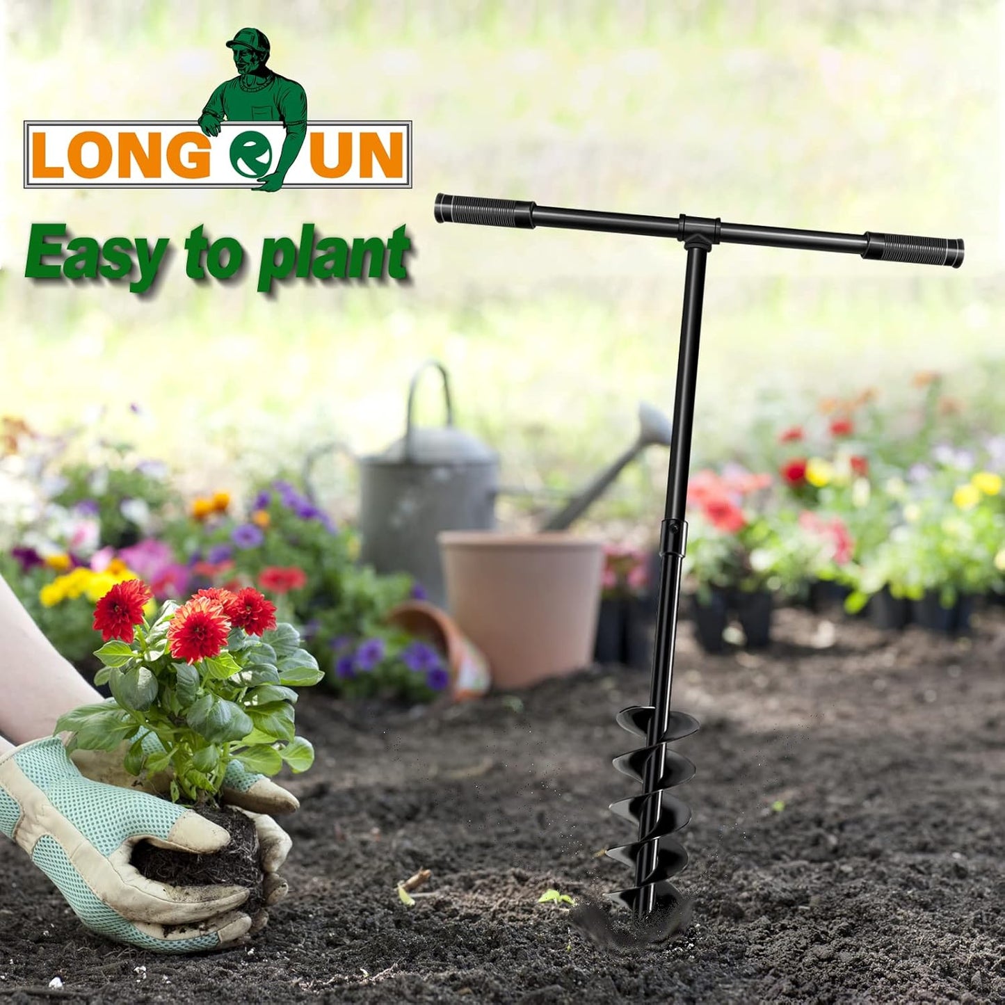 LONGRUN T-Shaped Garden Auger Drill Bit for Planting, Hand Operated Spiral Post Hole Digger, Easy Rapid Planter for Bulbs Flowers, Trees, Seedlings Planting, Bedding, Umbrella Holes-4 & 6x38 Inch Set