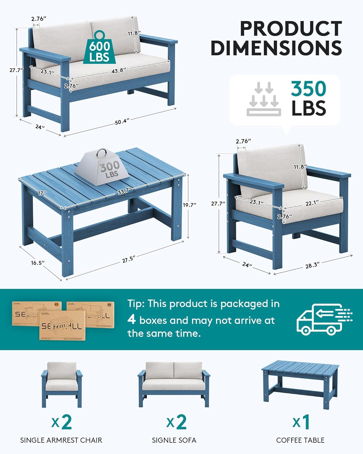 SERWALL 5 Pieces HDPE Outdoor Sofa Set with Cushions, All Weather Use Patio Conversation Couch Loveseat Furniture with Coffee Table for Balcony, Deck, Poolside, Blue Frame with Khaki Cushions