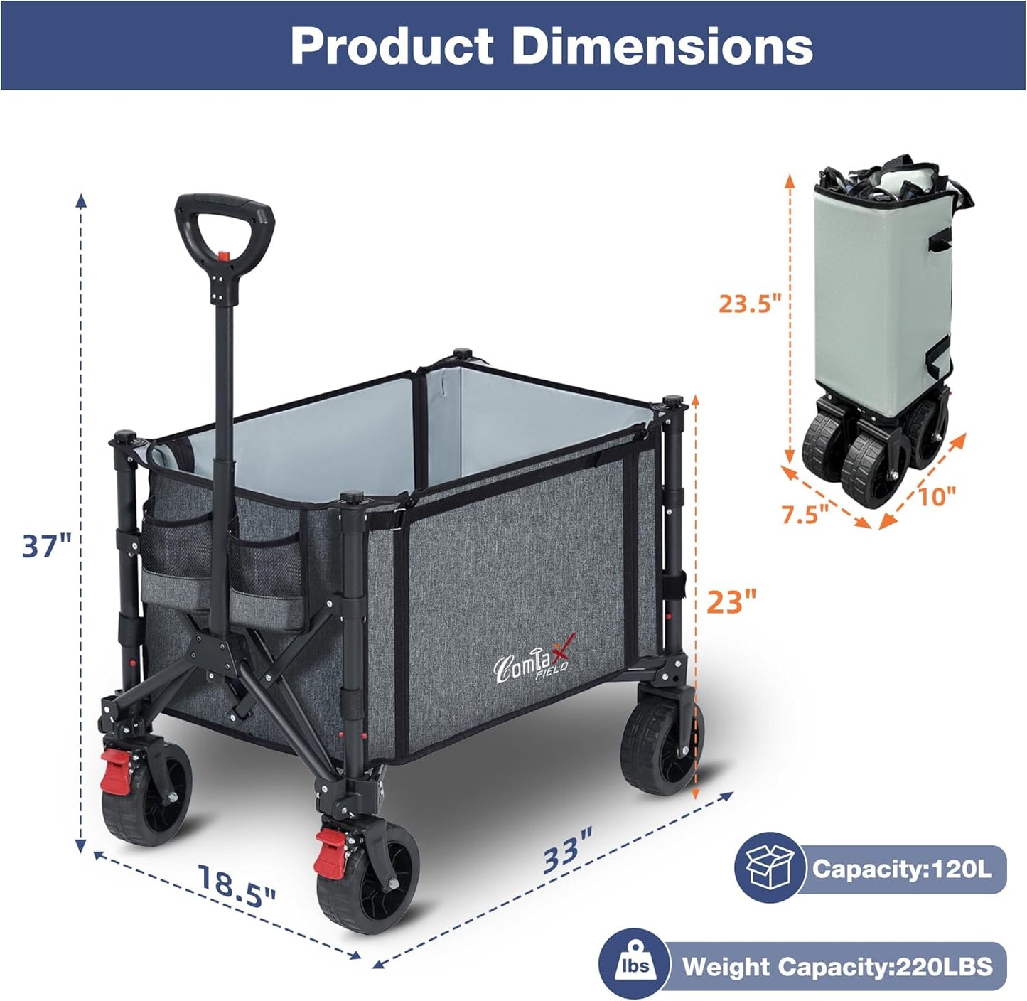 Collapsible Wagon Cart Foldable with Big Wheels Brakes, 250lbs Folding Utility Lightweight Garden Wagon, Portable Grocery Cart for Camping Shopping Sports Pets, Grey