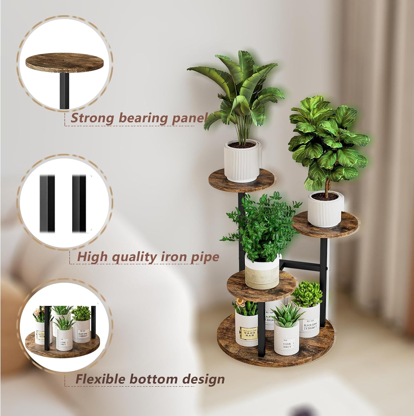 Plant Stand Indoor 4 Tier 5 Potted Multiple Flower Pot Holder for Patio Garden Balcony Living Room Corner (4 Tier Black+Rustic Brown)