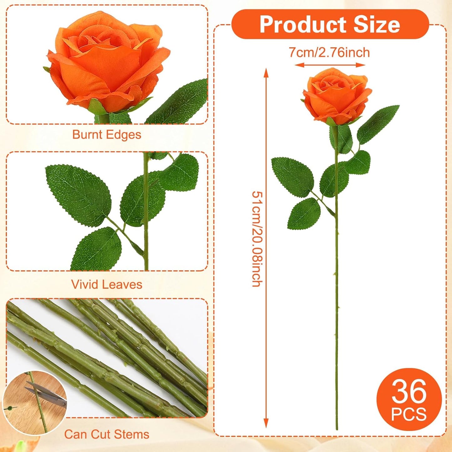 36 Pcs Orange Artificial Roses with Long Stems, Fake Silk Rose Artificial Flowers Bulk for Bridal Wedding Bouquet Centerpiece Ball Arrangement Party Decor