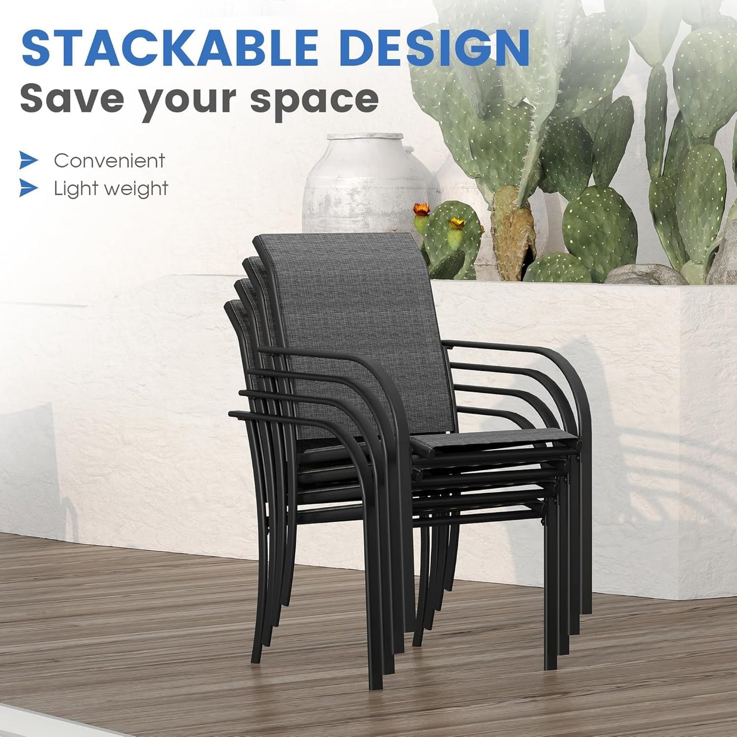 VICLLAX 5 Pieces Patio Dining Set for 4, Outdoor Furniture Set Includes 40.7" Round Patio Table and 4 Patio Stackable Chairs, Black Tabletop and Grey Fabric