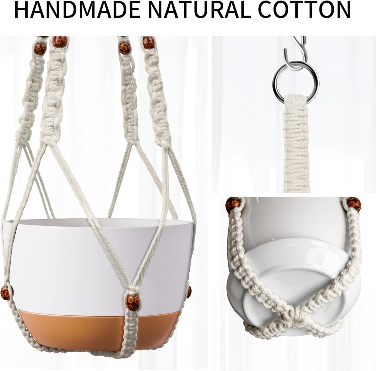 43 Inch Macrame Plant Hanger - Fits 6-15 Inch Pots, Extra Long Hanging Planter Holder for Indoor Outdoor, with Red Wood Beads, Boho Home Decor, 2 Pack, Ivory (POTS NOT Included)