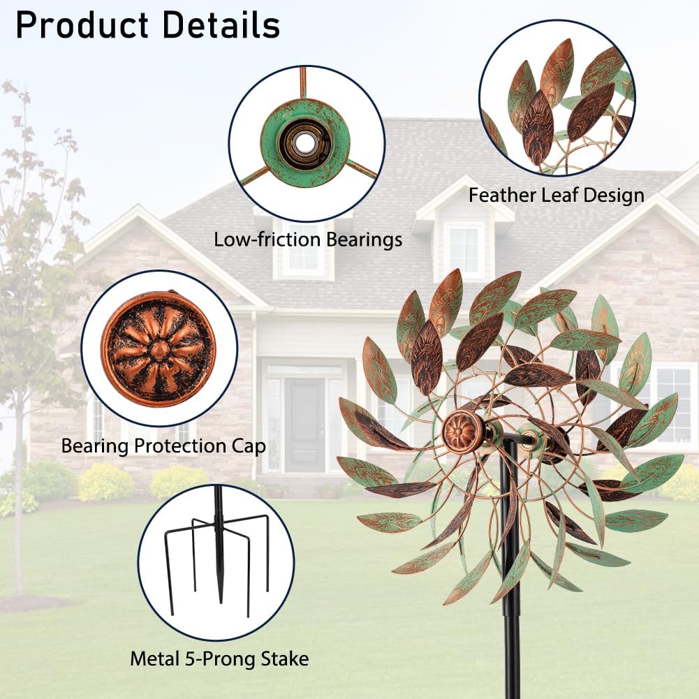VEWOGARDEN 360° Outdoor Metal Wind Spinners Kinetic Wind Sculptures & Spinners for Yard Garden Lawn Patio Decorations, Light Green & Bronze