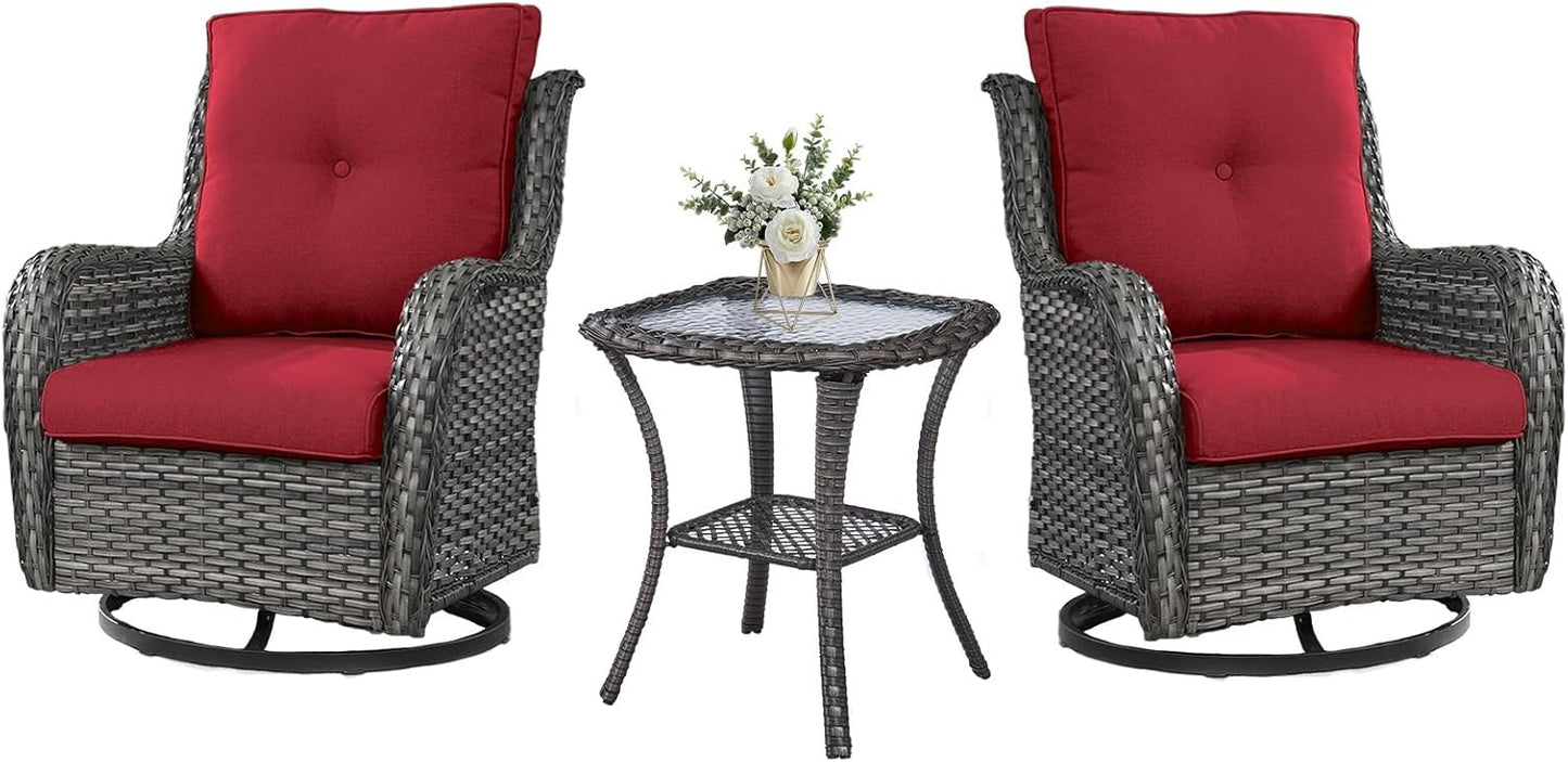 Outdoor Swivel Rocker Wicker Chairs Set of 3, High Back Swivel Patio Chairs Wicker Furniture Set, 2 PCS Rattan Swivel Rocking Chair with Side Table, Red Cushion
