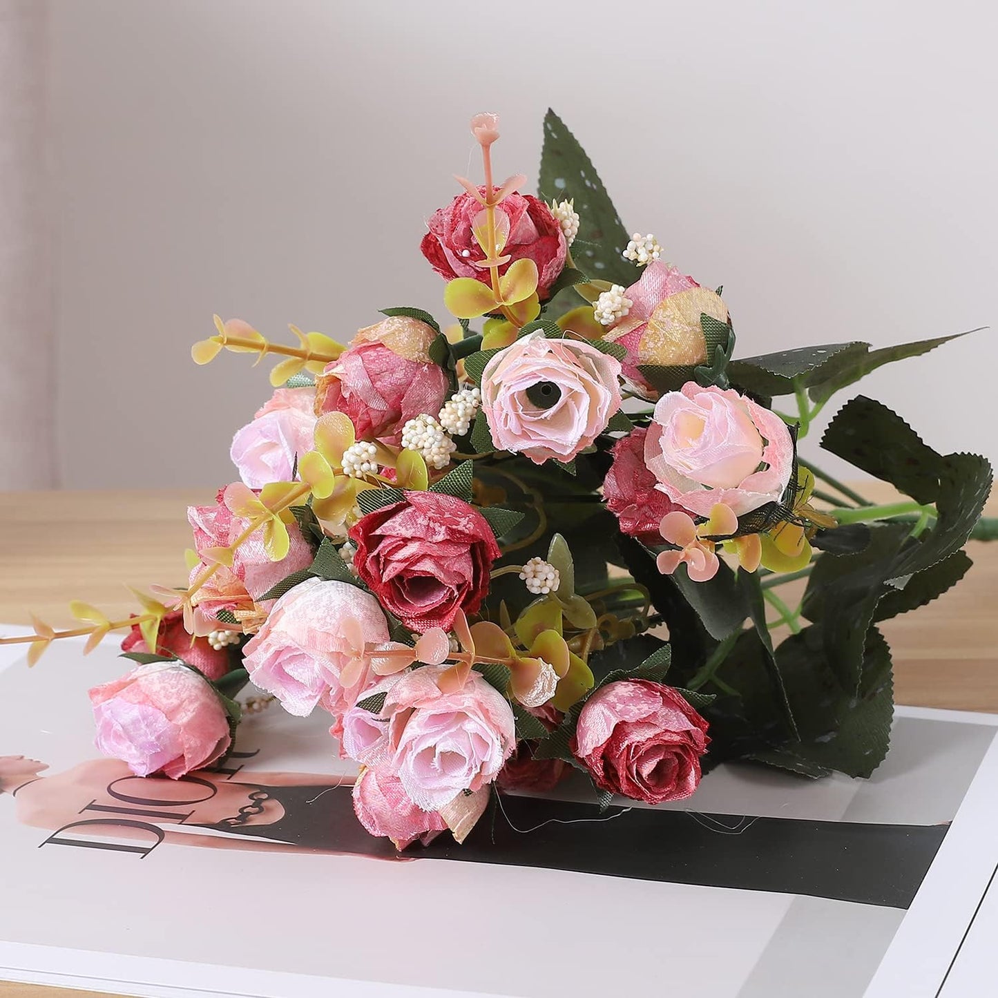 Duovlo 7 Branch 21 Mini Rose Heads Artificial Flowers Bouquet Wedding Home Office Decor,Pack of 4 (Pink)