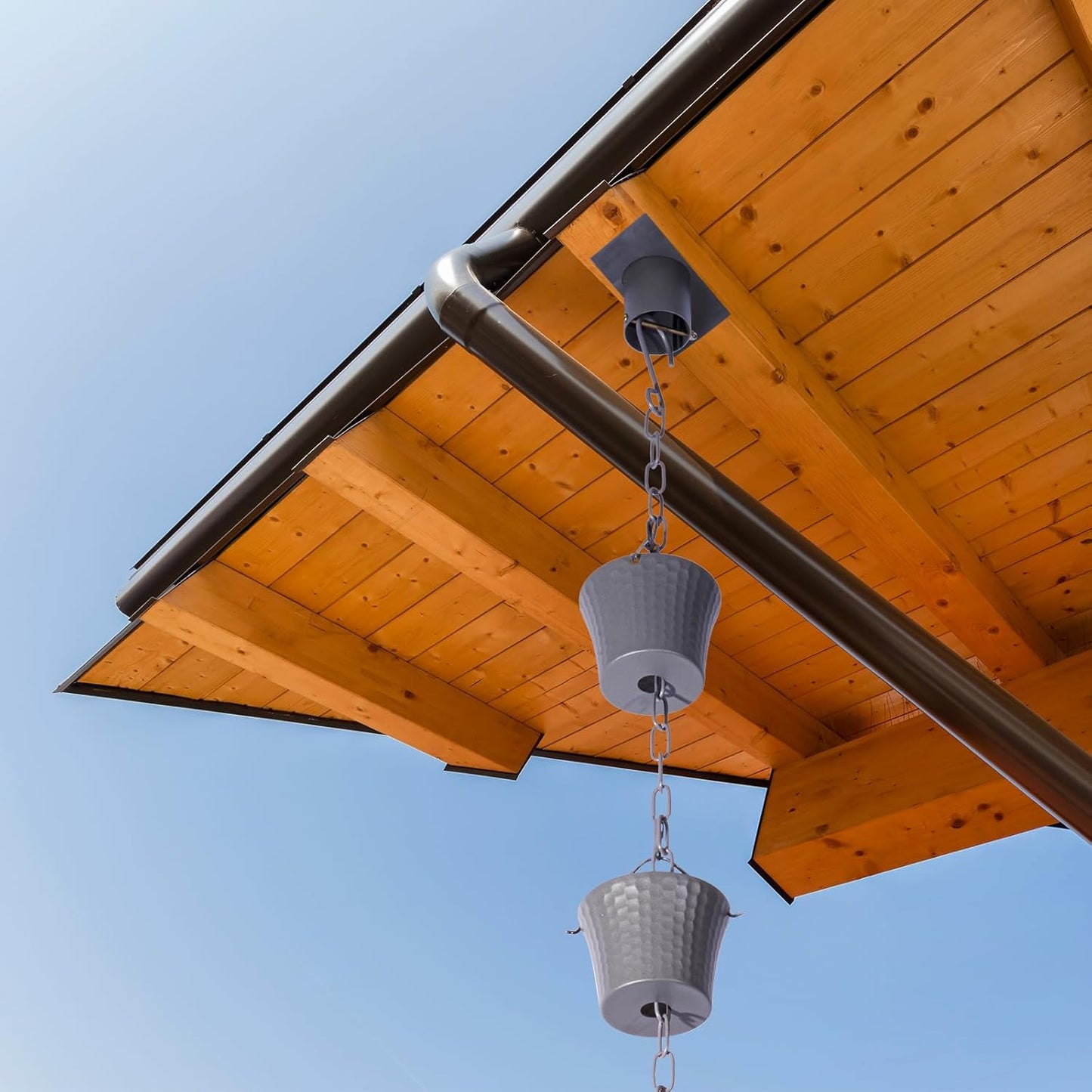 Rain Chain for Gutters with Adapter,Wrought Iron Rain Chains Set 8.5 Ft,Not Rust, Gotta Drain with Sturdy Anchoring Stake, 14 Cups, 1 Hook, Adjustable Gutter Downspout for Outdoor(Blue Gery)