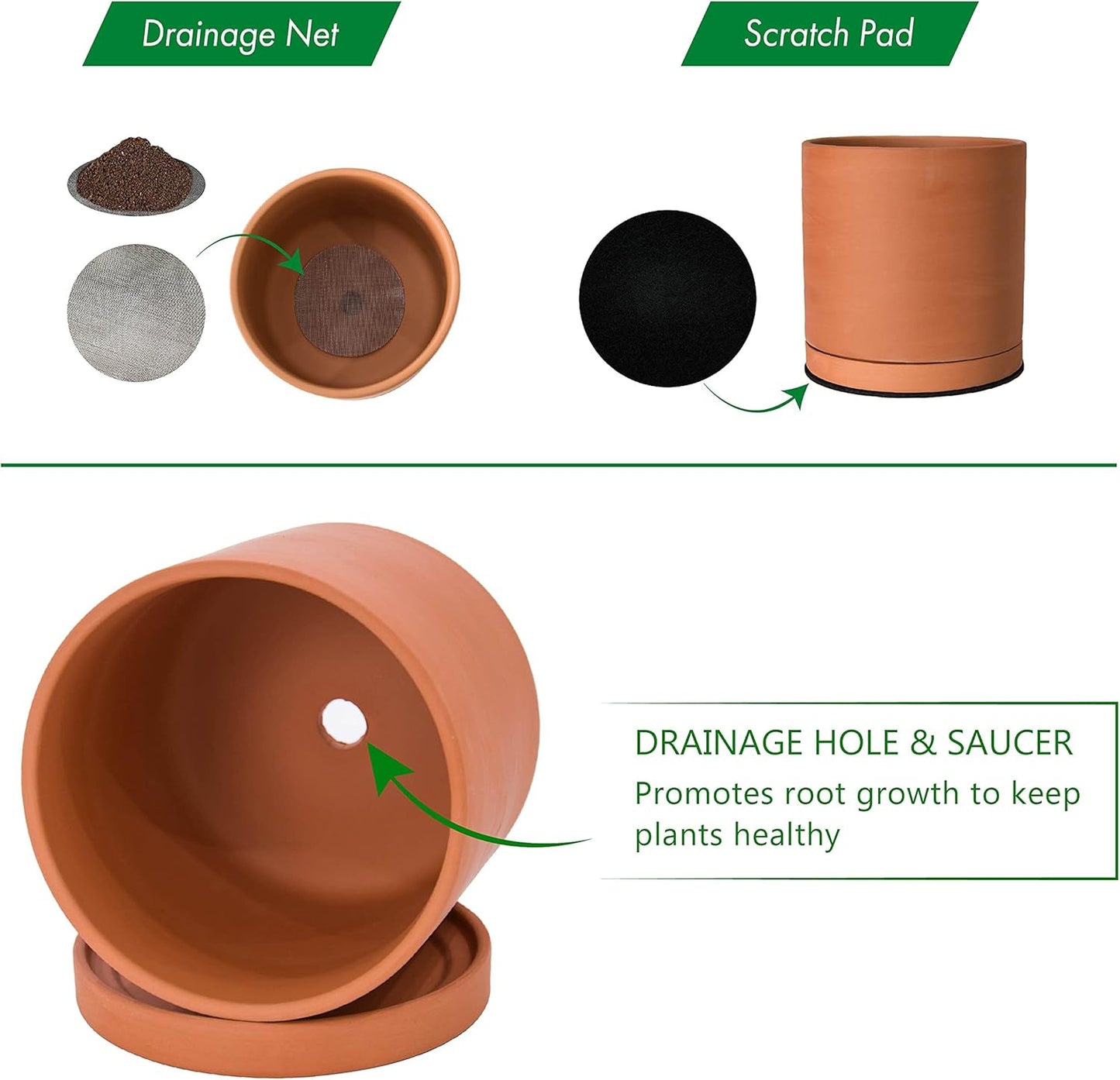 D'vine Dev Large 10 Inch Terracotta Plant Pot with Drainage Hole and Saucer, Round Cylinder Planter Pot for Indoor Plants, Set of 2, 40-X-B-5