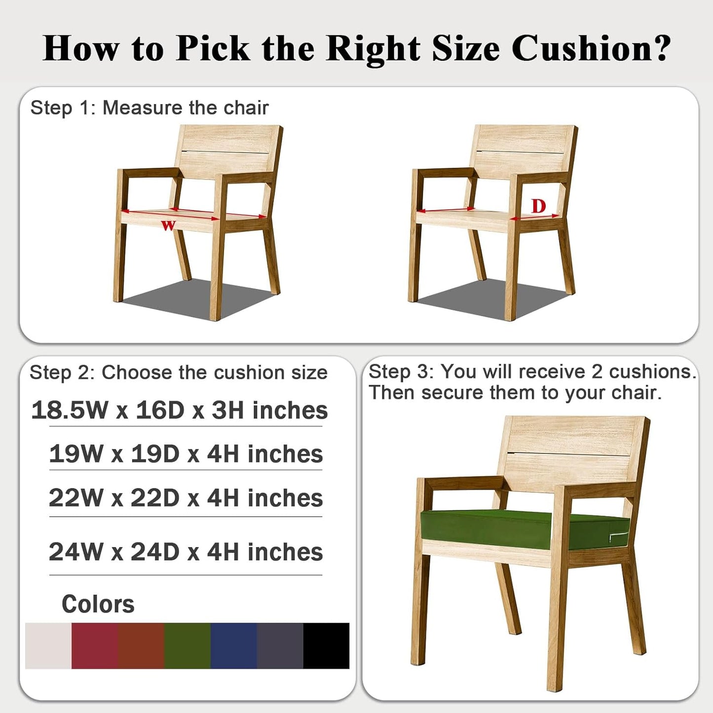 Outdoor Chair Cushions Set of 2 for Patio Furniture 19x19x4 Inch Waterproof Patio Chair Cushion 3 Year Color Fastness Square Elastic Foam Garden Couch Pads with Ties and Handle,Green