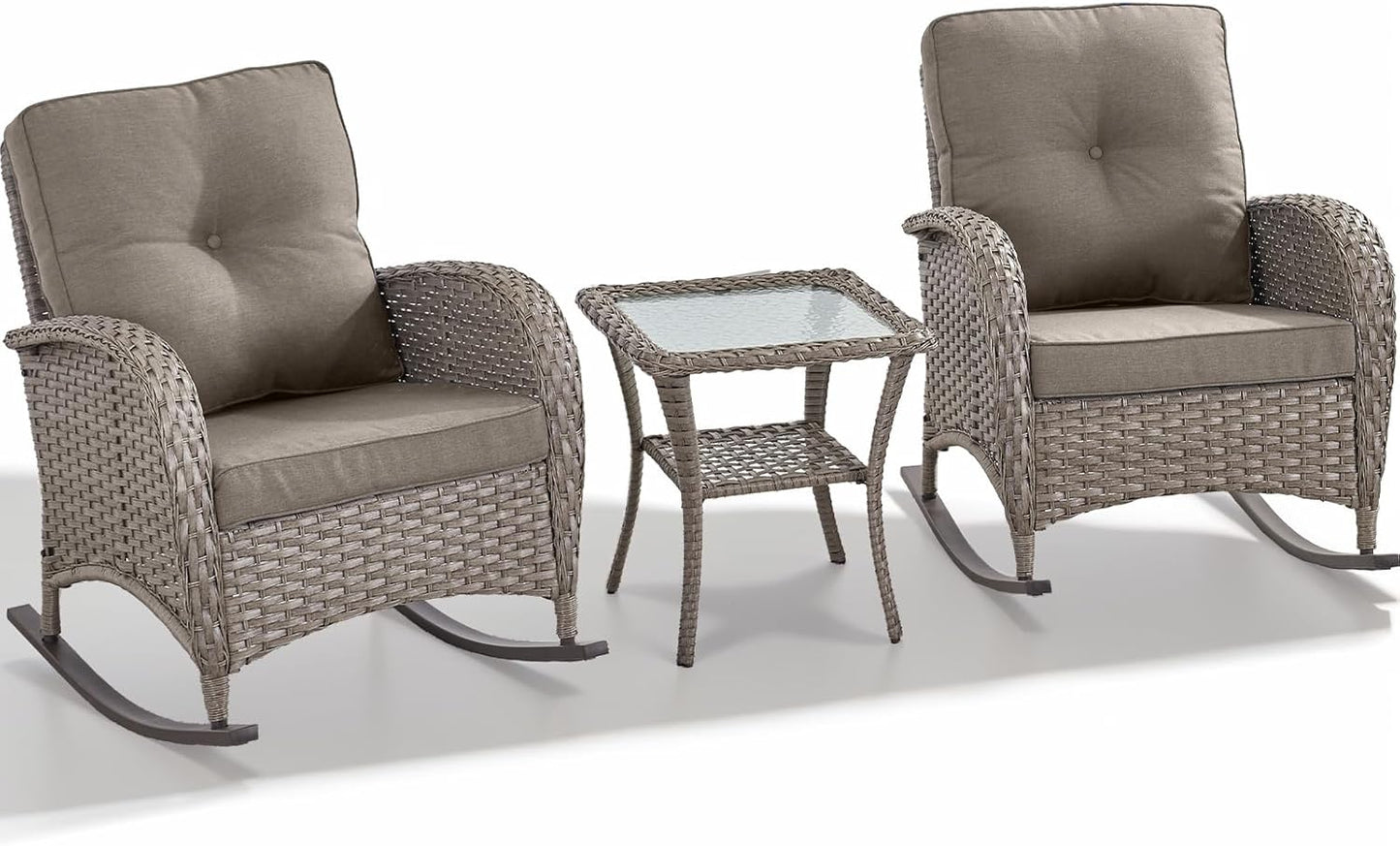 HUMMUH Outdoor Bistro Set-High Back Outdoor Rocking Chair with Side Table Patio Table and Chairs Set for Deck Lawn Porch Balcony Poolside-Grey/Grey