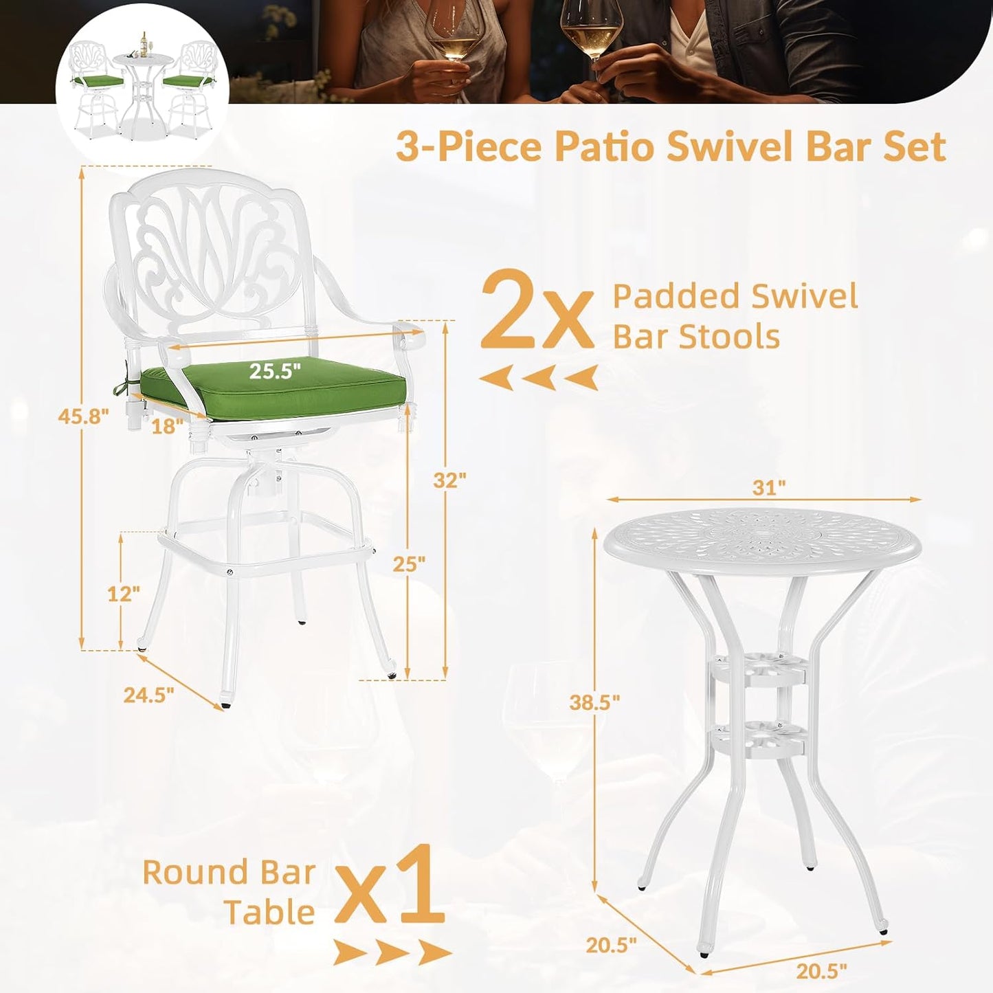3 Pieces Patio Swivel Bar Set, Patio High Top Bar Table and Chairs Set, All-Weather Cast Aluminum High Swivel Bar Stools Chair Set of 2 and 31" Table, Patio Bistro Set for Garden,White