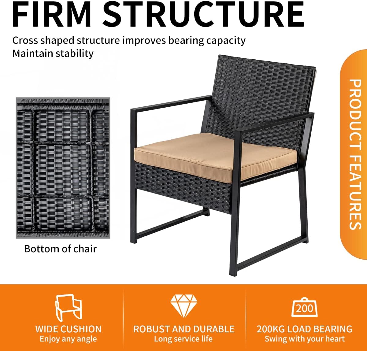 Patio Furniture Set,Wicker Bistro Set 3 Pieces Outdoor Furniture,Rattan Table and Patio Chairs Set for Balcony,Yard,Porch and Deck（Khaki