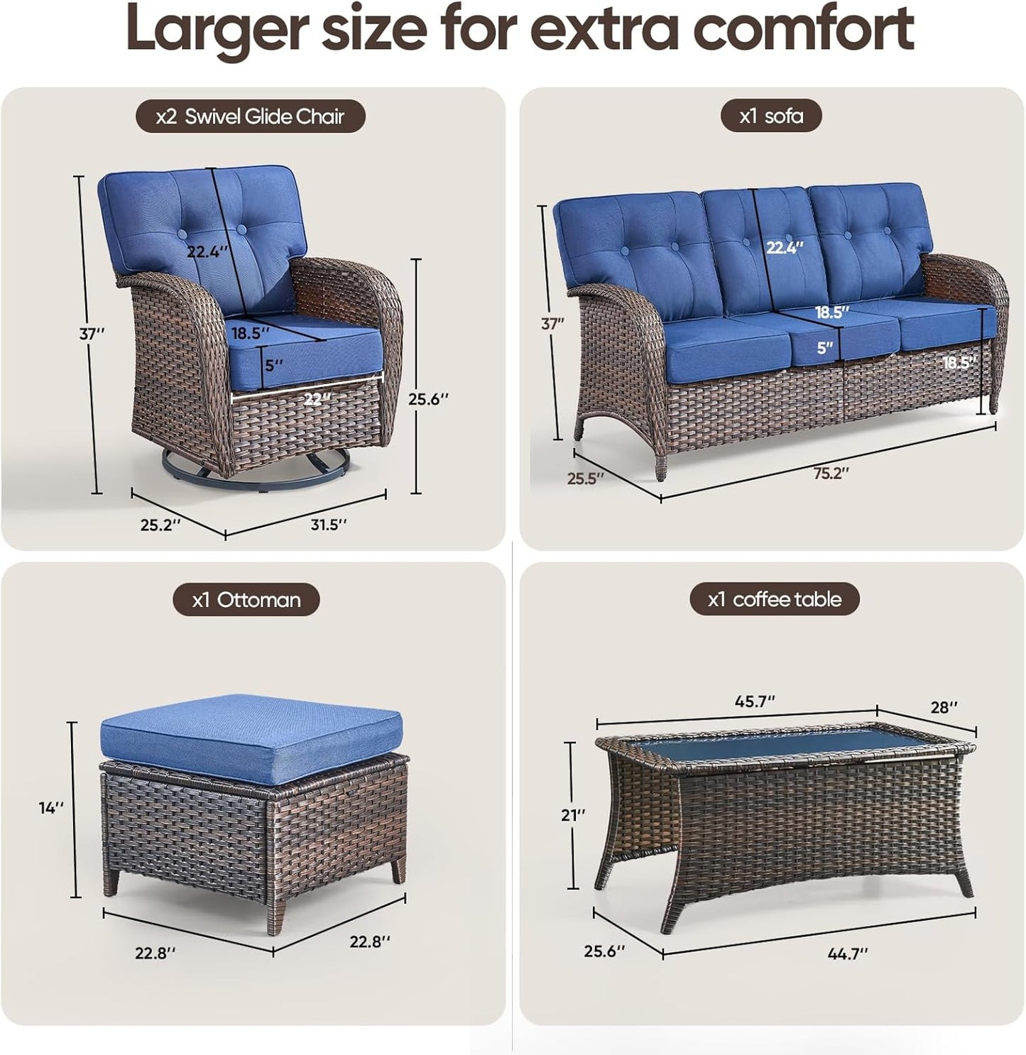 6-Piece Rotating Balcony Chair Set with 31-inch T-Shaped Wide backrest - Rattan Outdoor Rotating Balcony Chairs, Wide backrest Comfortable Outdoor Sliding Chair - Brown | Blue