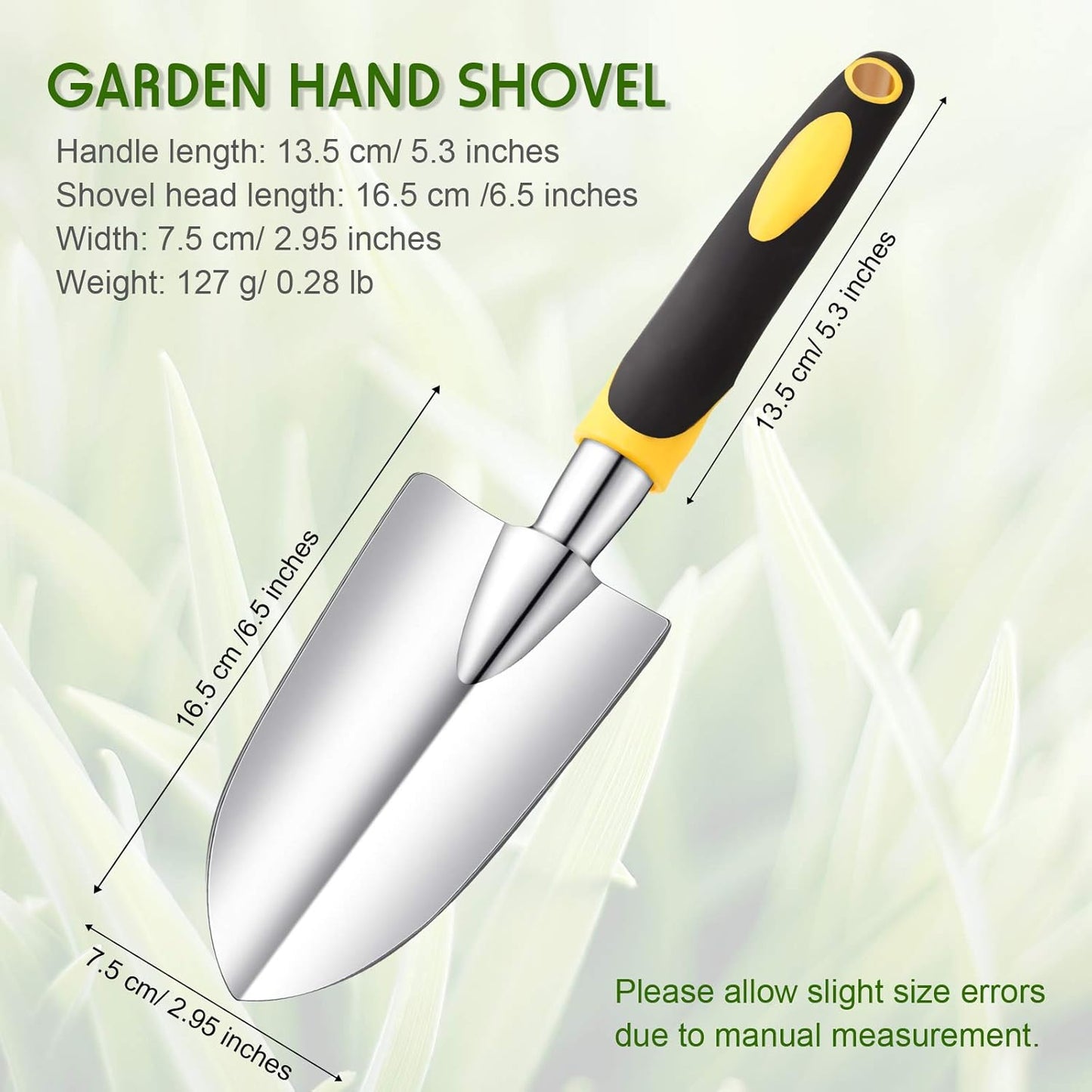 2 Pcs Garden Trowel Hand Shovel Tool Soil Scoop with Soft Rubberized Non Slip Handle Aluminum Alloy Potting Shovel for Digging Planting (Yellow, Green)