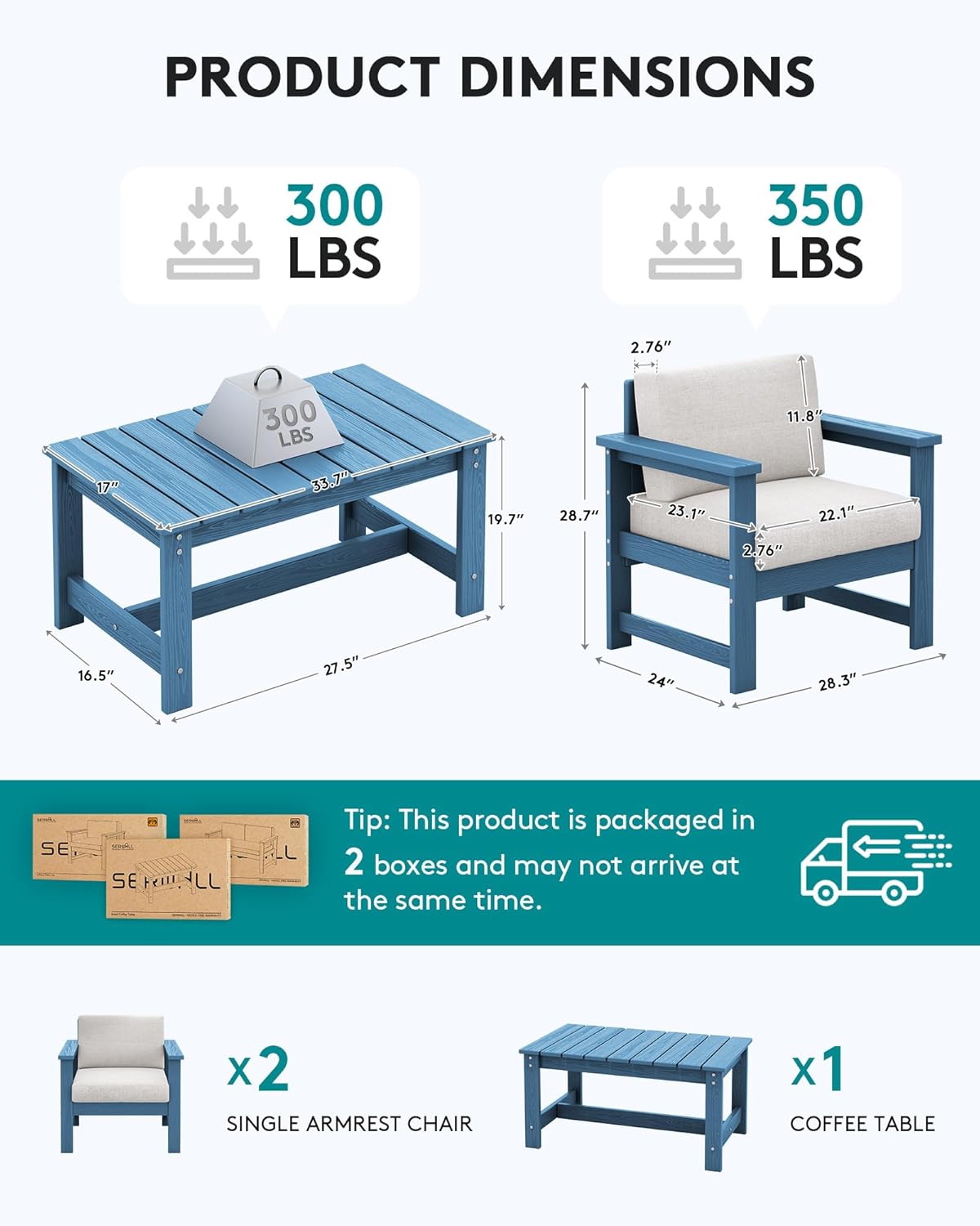 SERWALL 3 Pieces HDPE Outdoor Sofa Bistro Set with Cushion, Patio Outdoor Furniture Sofa Sets with Porch Chairs and Coffee Table, Blue Frame/Khaki Cushion