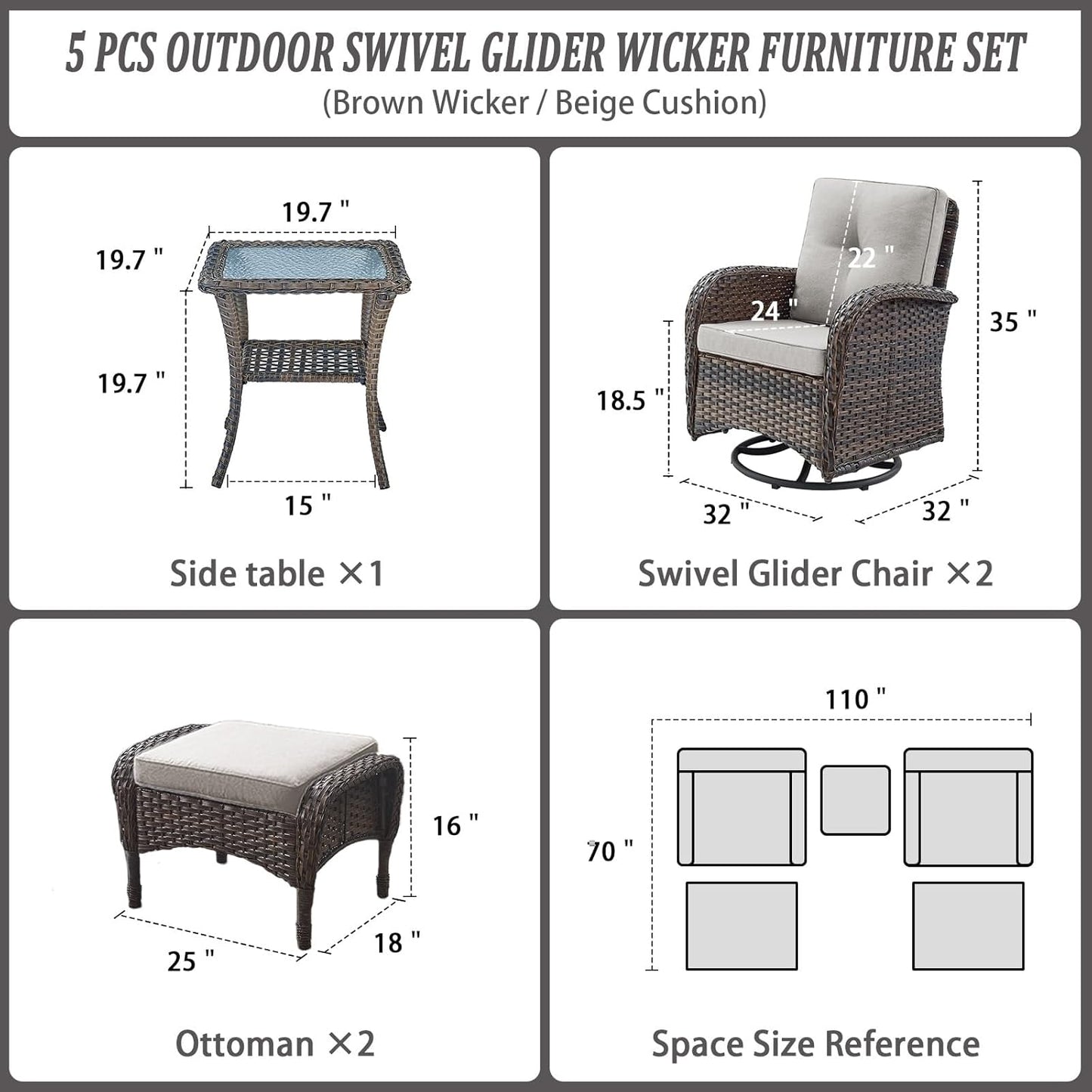 Small Conversation Sets Patio Funiture - 5 Piece Outdoor Swivel Rocker Wicker Furniture Sets with Ottomans Side Table Perfect for Patio Deck Backyard, Brown Wicker Beige Cushion