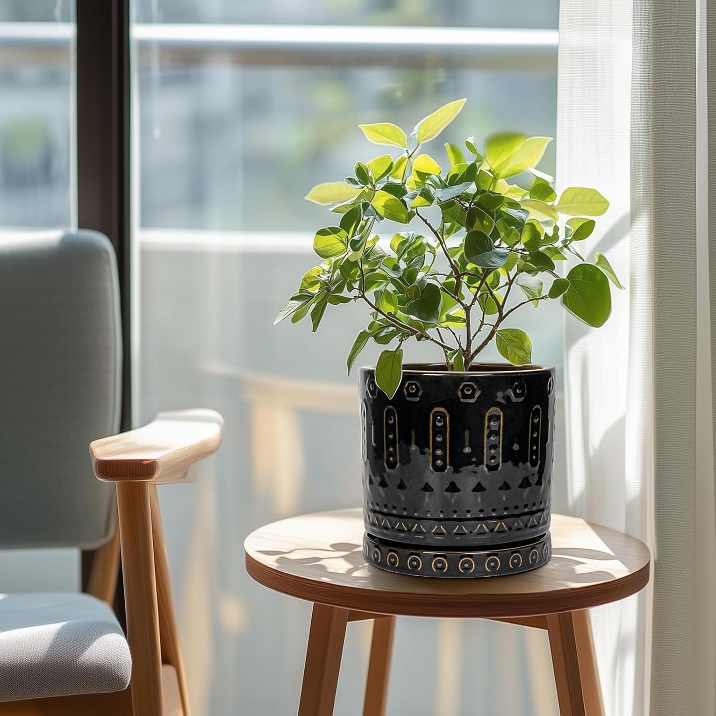 Ceramic Pot for Plants - 8 Inch Plant Pots Indoor with Drainage Hole and Saucer, Decorative Round Planter Outdoor, Boho Ceramic Planter for Flower, House Garden Decor, Gardening Gifts, Black