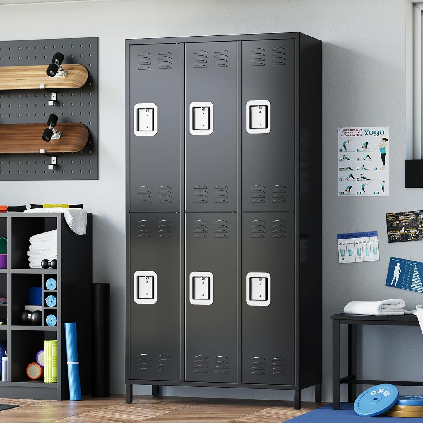 72" Metal Lockers for Employees with 6 Door, Black Metal Storage Cabinet with 18 Hooks, Industrial Locker, Assembly Required, for Gym, School, Classroom, Home, Bedroom, Office, Industrial