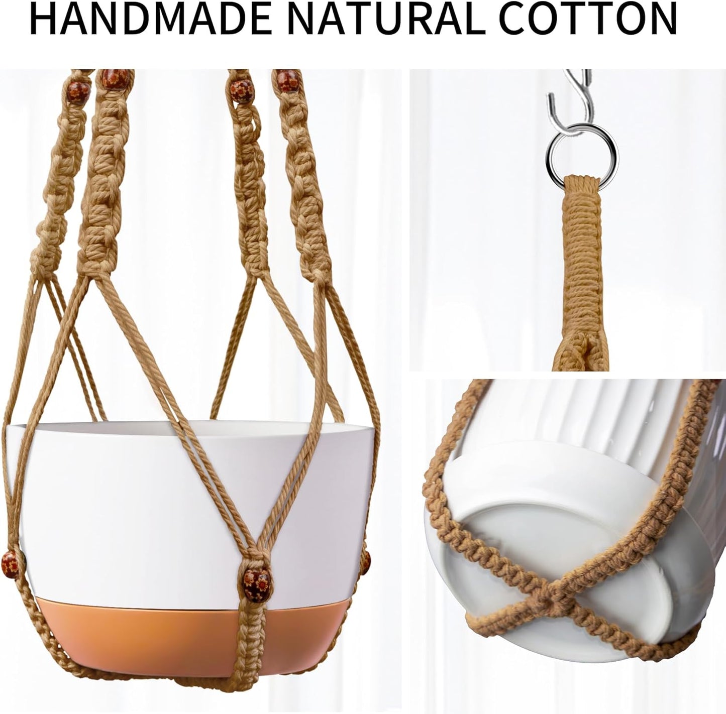 43 Inch Macrame Plant Hanger - Fits 6-15 Inch Pots, Extra Long Hanging Planter Holder for Indoor Outdoor, with Red Wood Beads, Boho Home Decor, 2 Pack, Brown (POTS NOT Included)