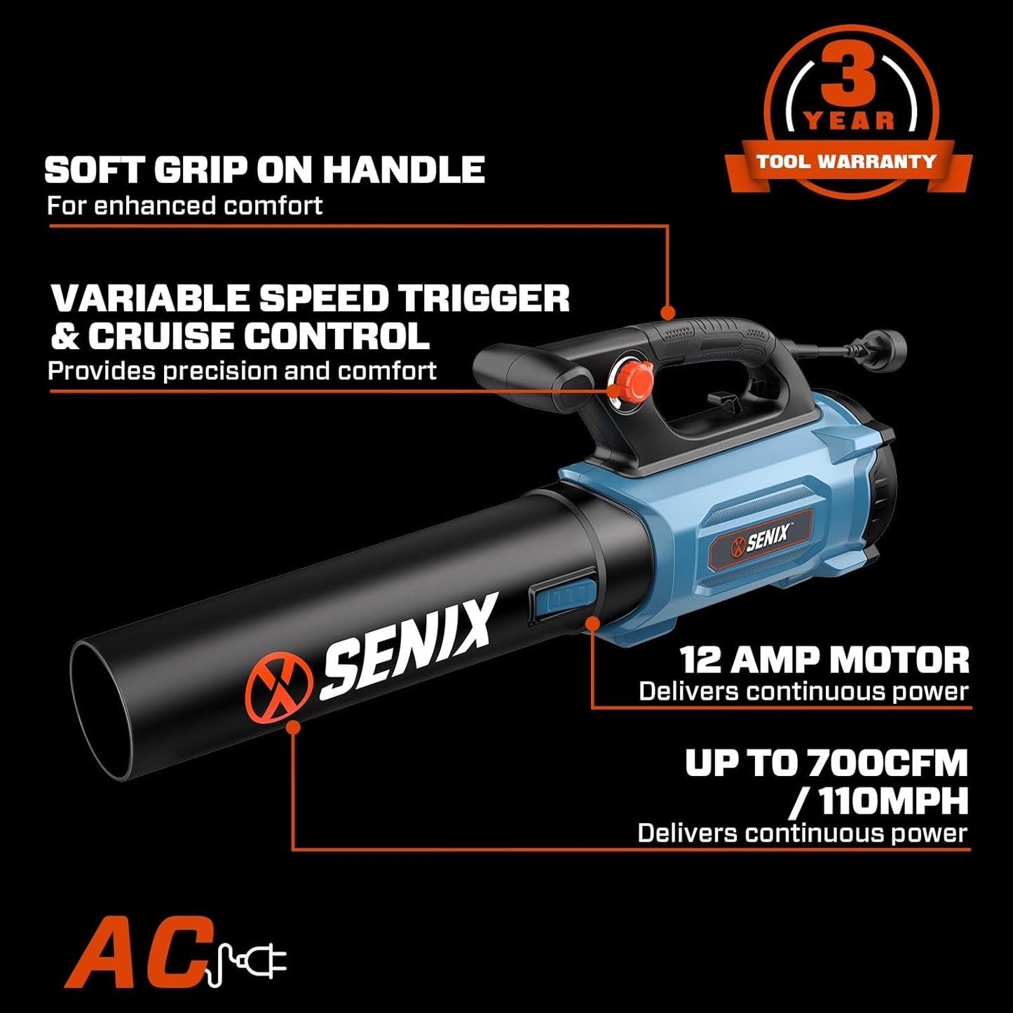 SENIX 12 AMP Handheld Electric Leaf Blower, Up to 700 CFM and 110 MPH, Variable Speed, Lightweight, 120v (BLAE12-M)