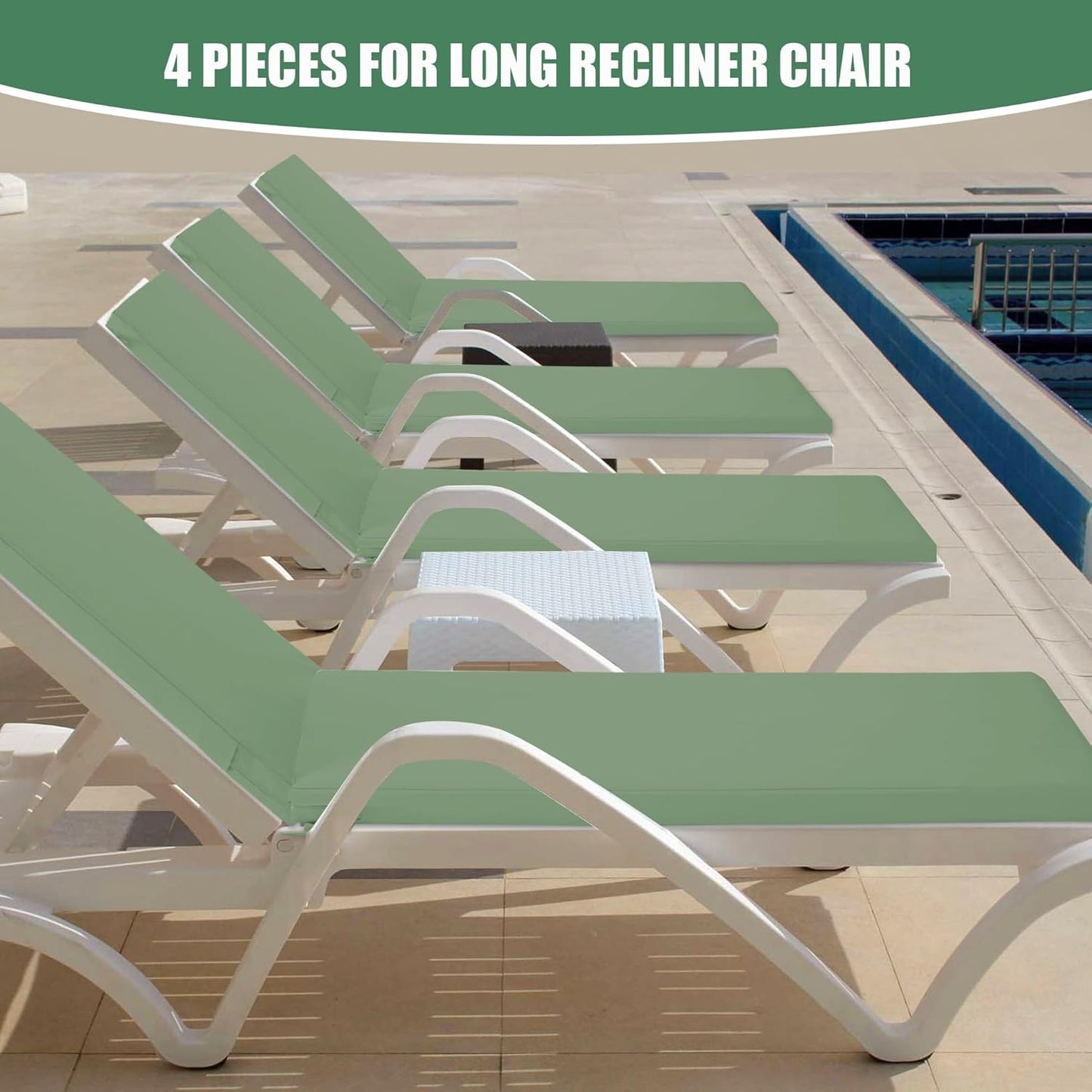 Chaise Lounge Cushions Outdoor Set of 4 - Waterproof and Fade Resistant Sun Lounger Replacement Cushions - Patio Lounger Pads with Removable Cover for Pool, Deck, 72 x 21 x 3 Inch, Sage Green