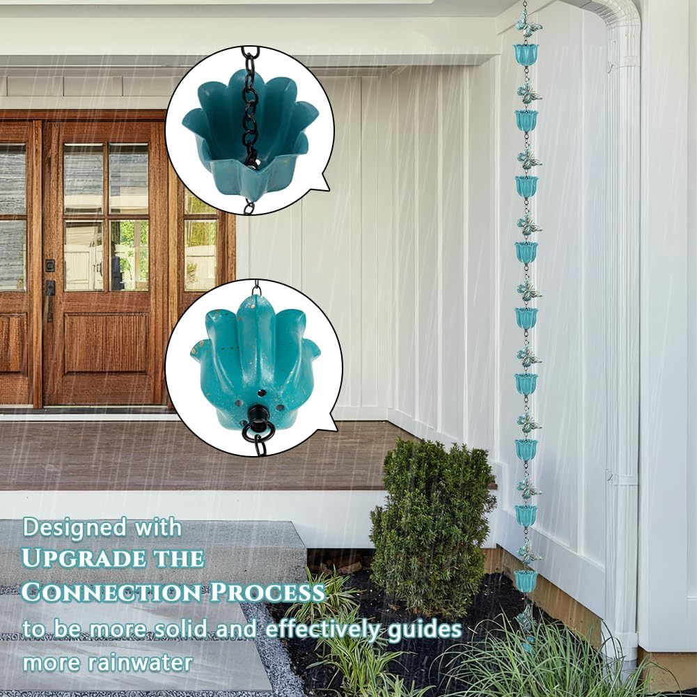 Lotus Rain Chain, 8.2 ft Rain Chains for Gutters with 10 Cups, Adjustable Rain Catcher Chains with Bell for Gutters, Eaves, Drainage, Replacement Downspout