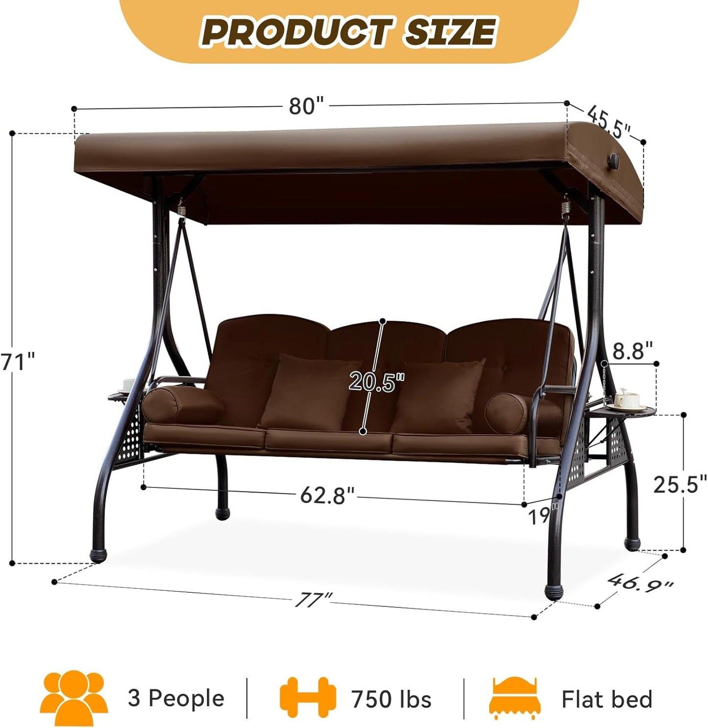 3 in 1 Patio Swing with Adjustable Canopy for Adults, 3 Seat Outdoor Swing with Thickened Cushions,Pillows & Cup Holders for Backyard, Porch, Garden (Brown)