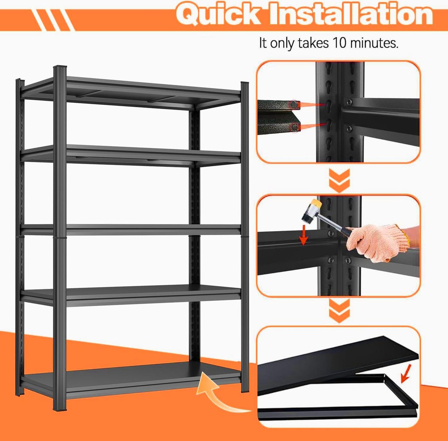 Garage Shelving 3000LBS Metal Storage Shelves 5-Tier Adjustable Shelving Units Garage Storage Shelves Heavy Duty for Industrial, Warehouse, Basement, Commercial, Black