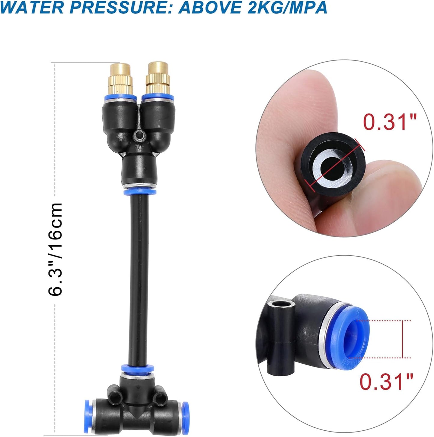 Mornajina 3Packs 2 Way Brass Misting Nozzles Tee with 5inch Built in Hose for Outdoor Cooling System, Adjustable 360° Rotation, Water Mister Nozzles Thread Sprayer 0.043" (1.1 mm)