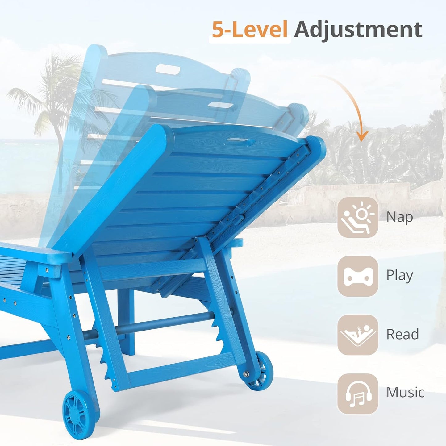 LUE BONA Outdoor Chaise Lounge Chairs Set of 4, 79'' Oversized HDPS Chaise Lounger, 5 Positions Adjustable Lounge Chairs, Pool Lounge Chair with Wheels for Poolside, Backyard, 3 Year Warranty, Blue
