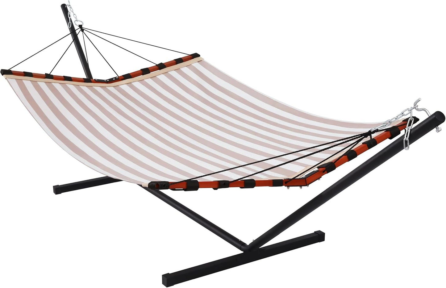 TegerDeger 12FT 2 Person Hammock with Stand Included 55 x 79IN Large Hammock Quick Dry 450LB Capacity with V Shaped Hardwood Spreader Bar & Nylon Rope for Outside, Patio, Garden - Tender Beige Stripes