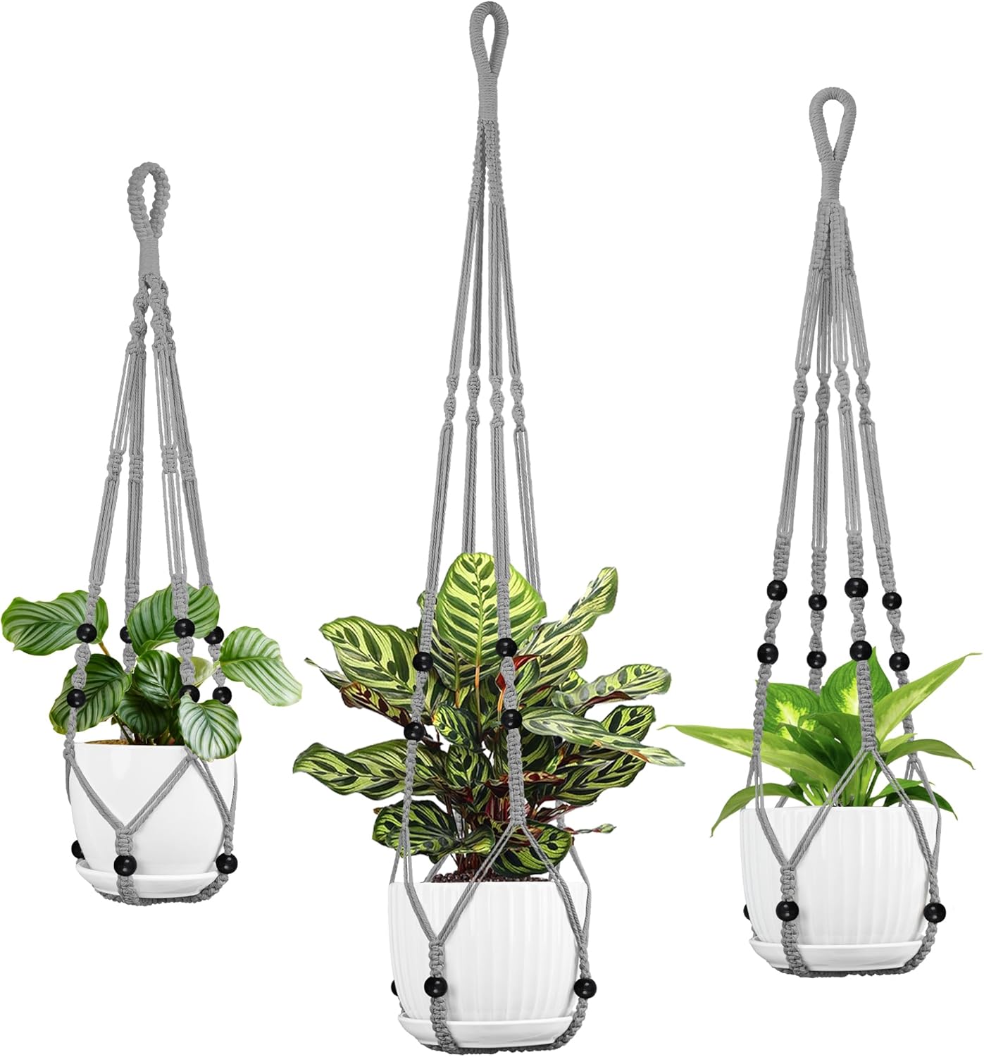 3 Pack Macrame Plant Hanger - 43"/35"/29" Different Sizes, Hanging Planter Basket Flower Pot Holder for Indoor Outdoor, with Wood Beads, Boho Home Decor, Gray (POTS NOT Included)