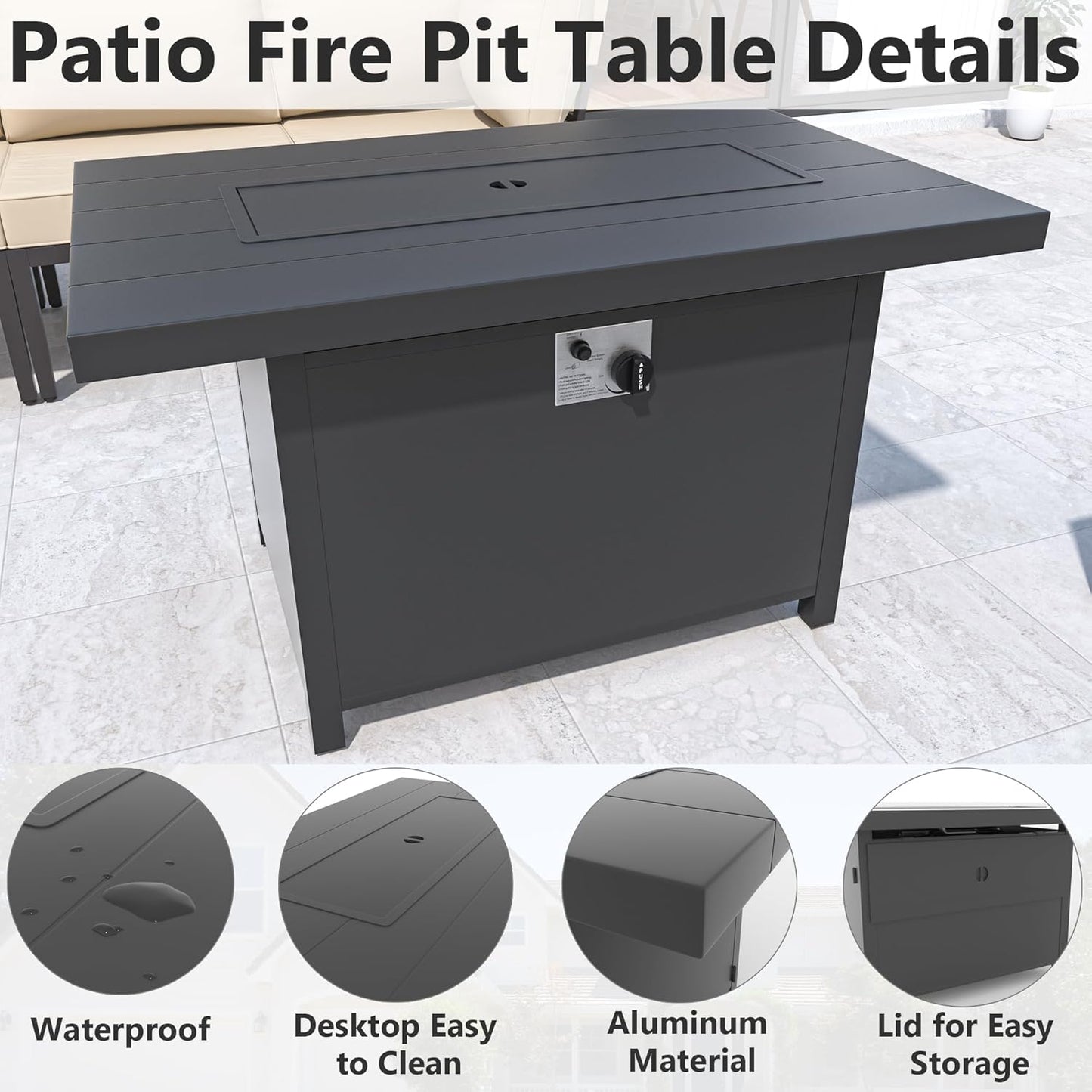 Kurapika Aluminum Propane Fire Pit Table 45 Inch 55,000 BTU Auto-Ignition, CSA Certification Outdoor Gas Fire Pits with Slide Out Tank Holder, Outdoor Fire Tables Wider Desktop, Windshield and Lid