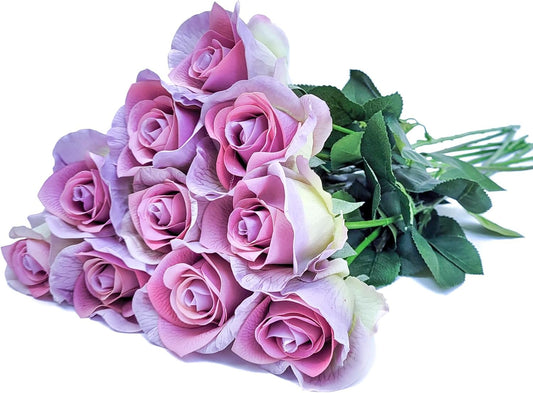26inch Real Touch Artificial Roses - Long Stem Fake Silk Flowers with Leaves for Wedding, Home Decor, Centerpieces, Office Party, Looks Real (10,Lav Gray)