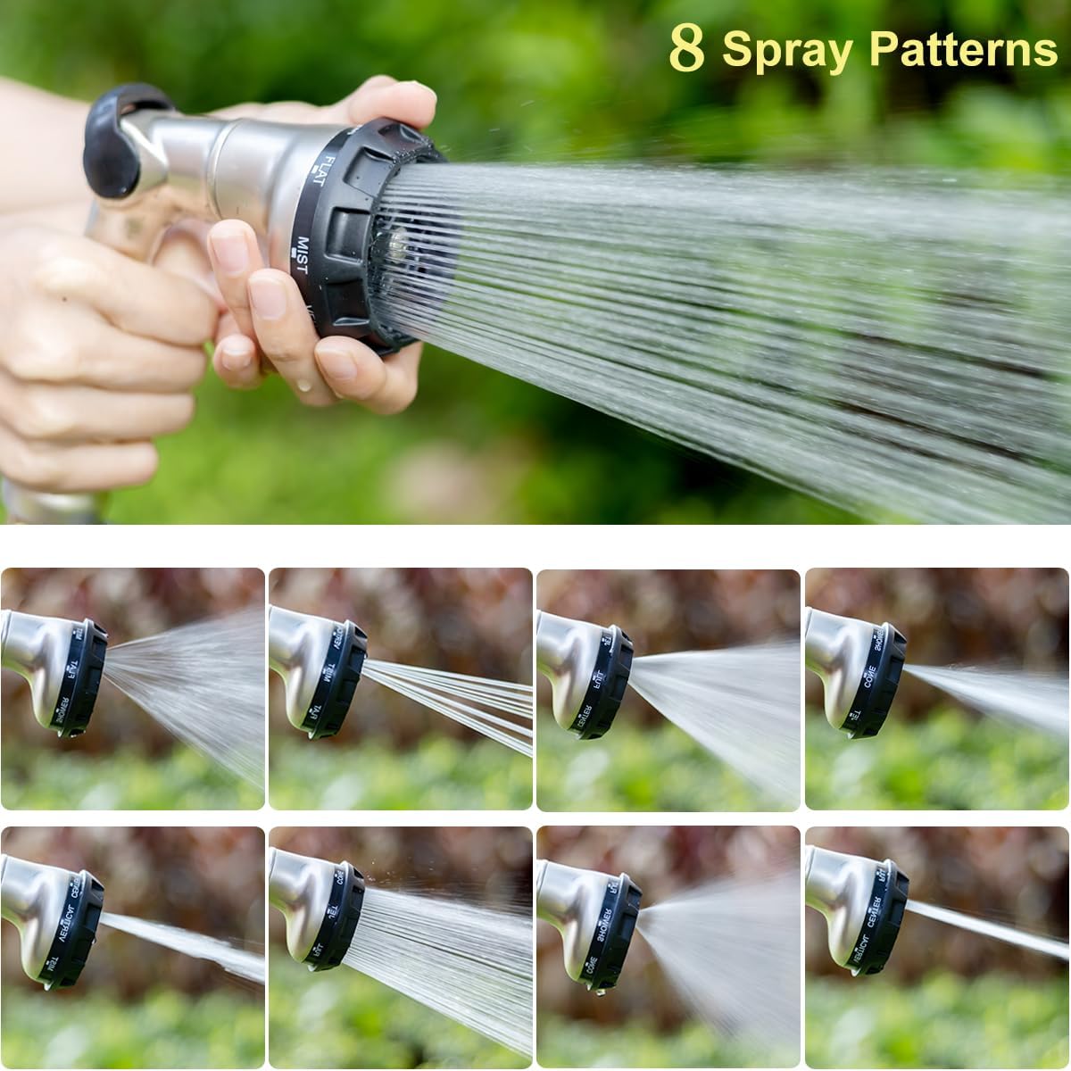 FANHAO Professional Heavy Duty Garden Hose Nozzle, 100% Metal Thumb Control Water Hose Sprayer with 8 Spray Patterns, High Pressure Water Nozzle for Lawn & Plant Watering, Car & Pet Washing