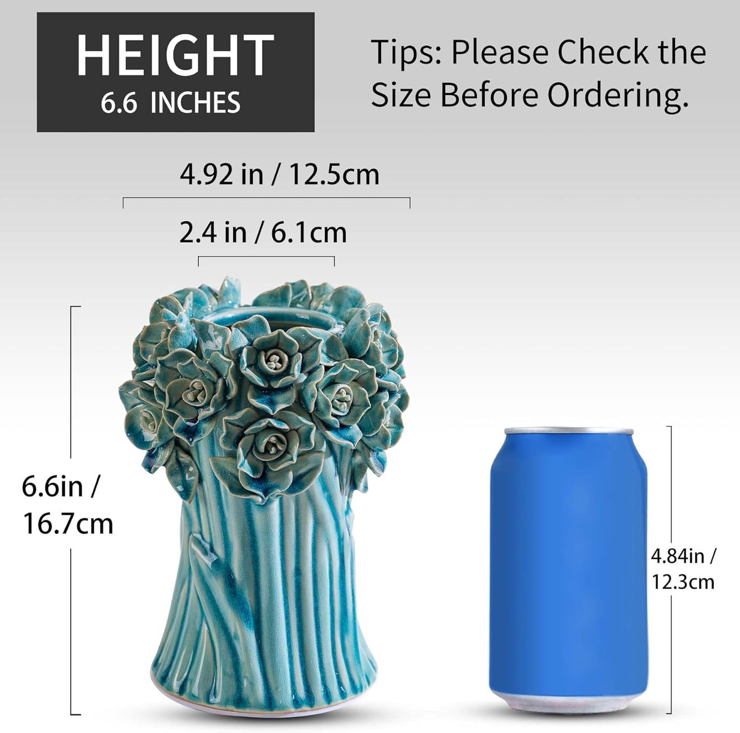 Handmade Blue Ceramic Vase with 3D Flowers, Blue Bud Wedding Bouquets Vases for Centerpieces, Vintage Floral Vase for Home Cottage Core Decor, Decorative Vases for Living Room, Housewarming Gift 6.6In