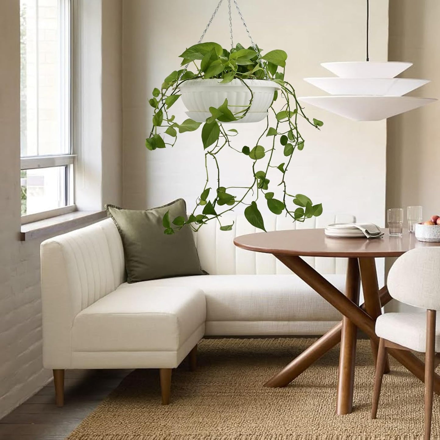 12.59in Hanging Planter Pots for Outdoor and Indoor Plants Flowers with Drainage Hole Tray Hooks Plastic Plant Baskets for Garden Home Porch (White, Pack of 6)